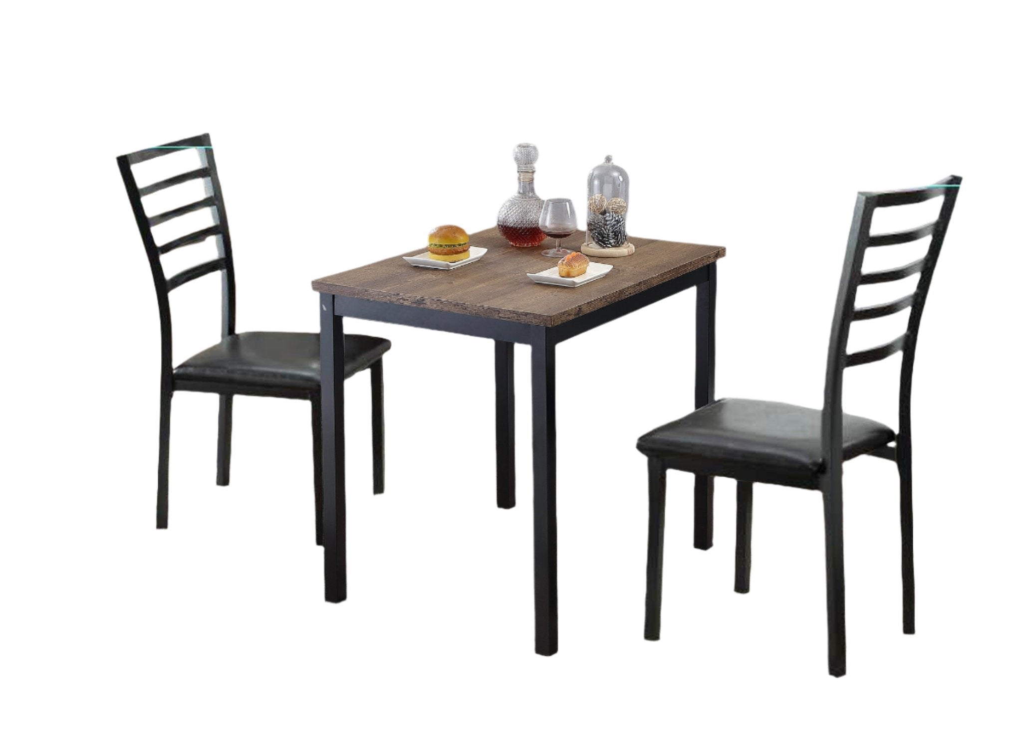 T-1025 | C-1023 Dining Set, 3Pc, 32" Brown Table Top, Black Frame, Faux Leather Chair Cushion, Ladder Back Chair Frame