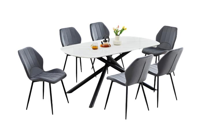 T-1530 | C-1536 Dining Set, 7Pc, 63" Table, Sintered White Marble Top, Dark Grey Velvet Chairs