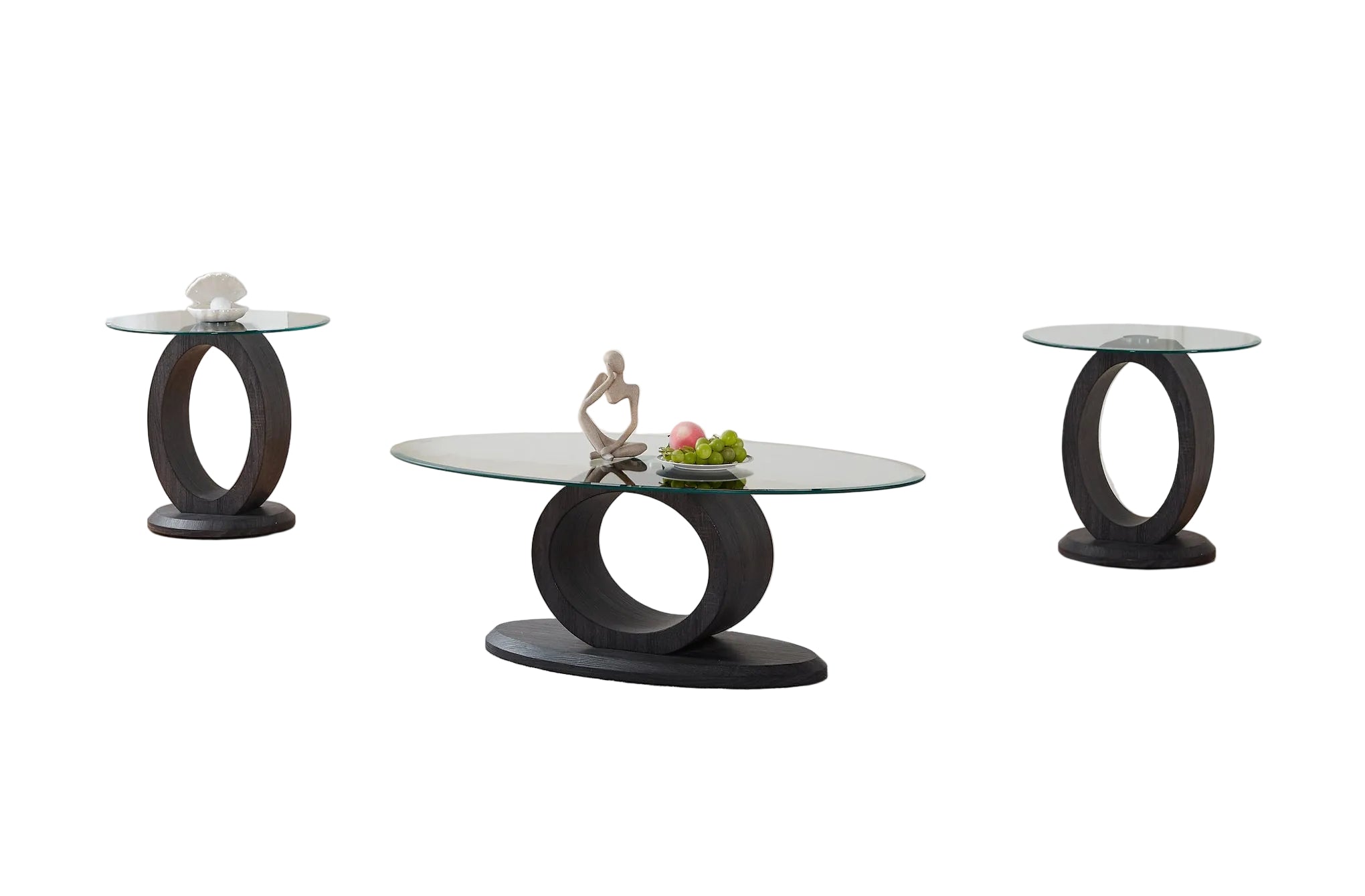 IF-2656 Coffee Table Set, 3Pc, Grey Base, Clear Oval Glass Top
