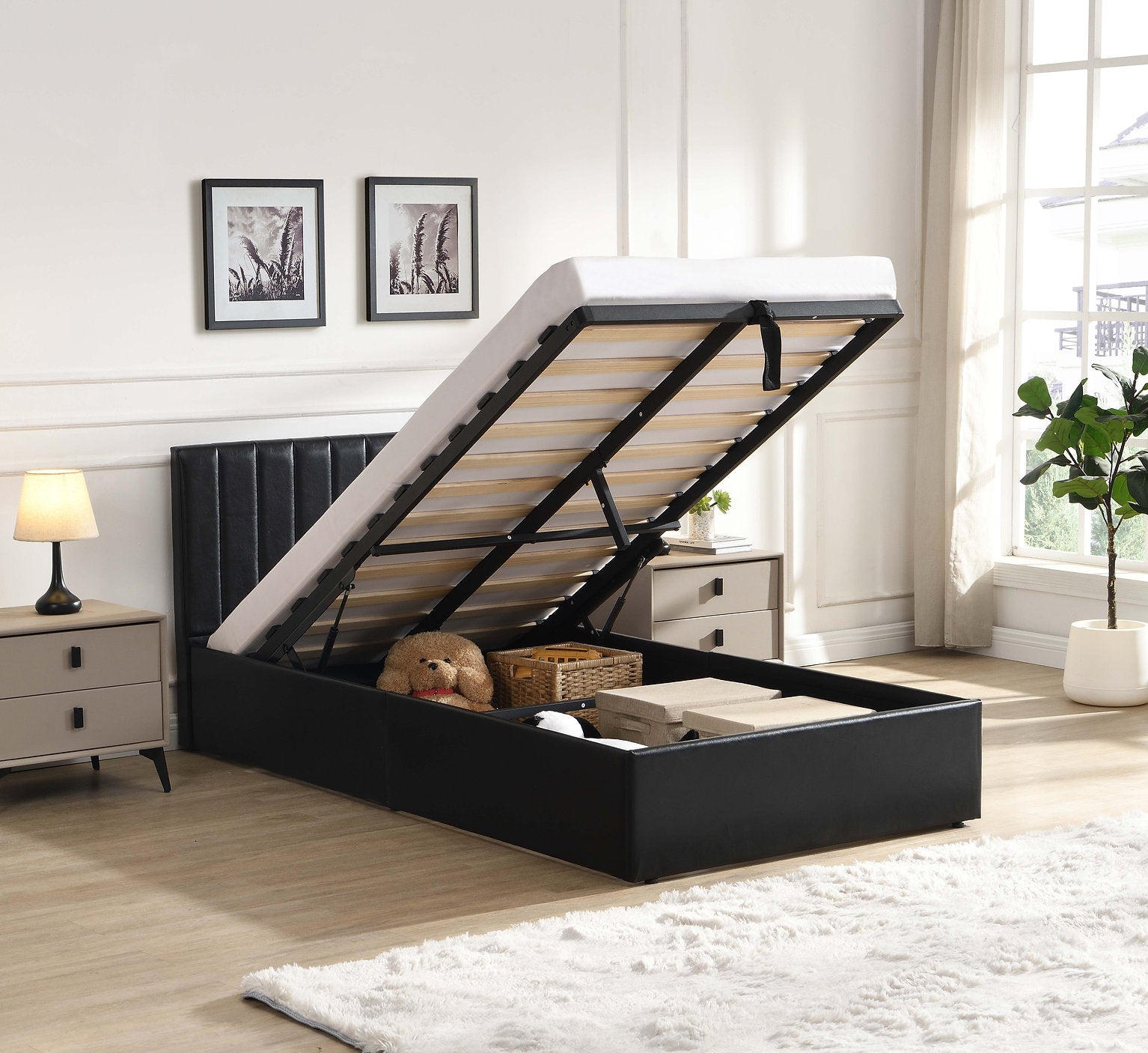 IF-5160 Lift Bed, Black, Faux Leather, Vertical Tufting, Under Bed Storage, Hydraulic Lift for Easy Lifting