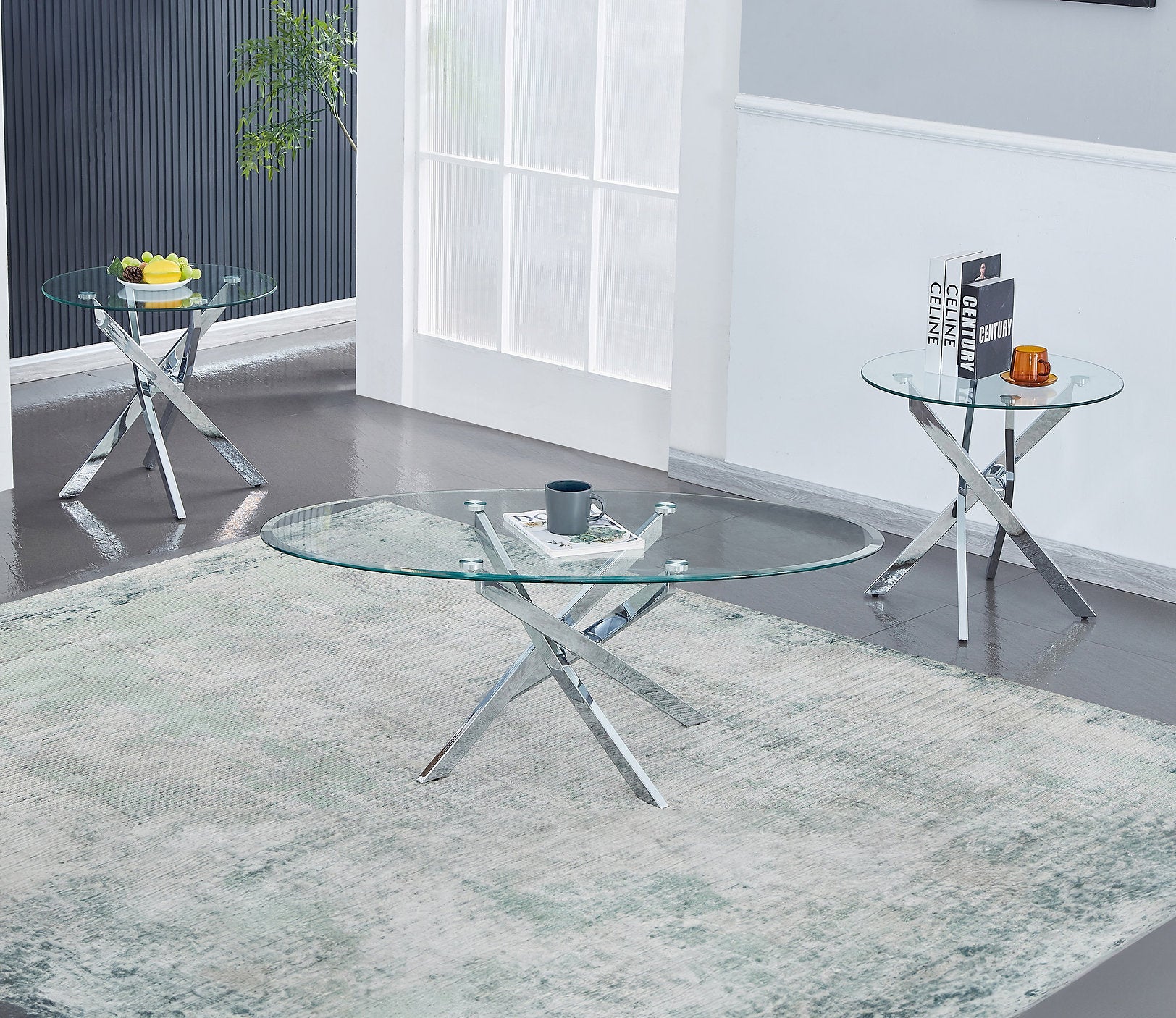 IF-2650 Coffee Table Set, 3Pc, Chrome Base, Oval and Round, Clear Glass Top