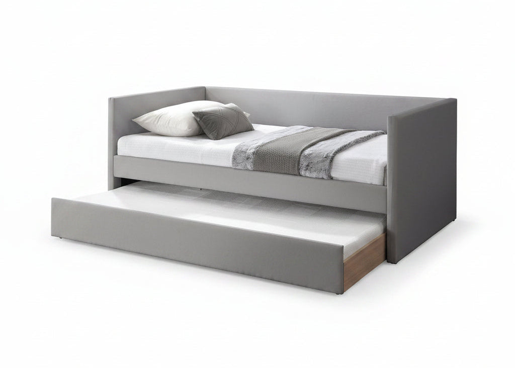 IF-306 Day Bed, Soft-Touch Grey Fabric,  Pull-Out Trundle, Optional Mattresses