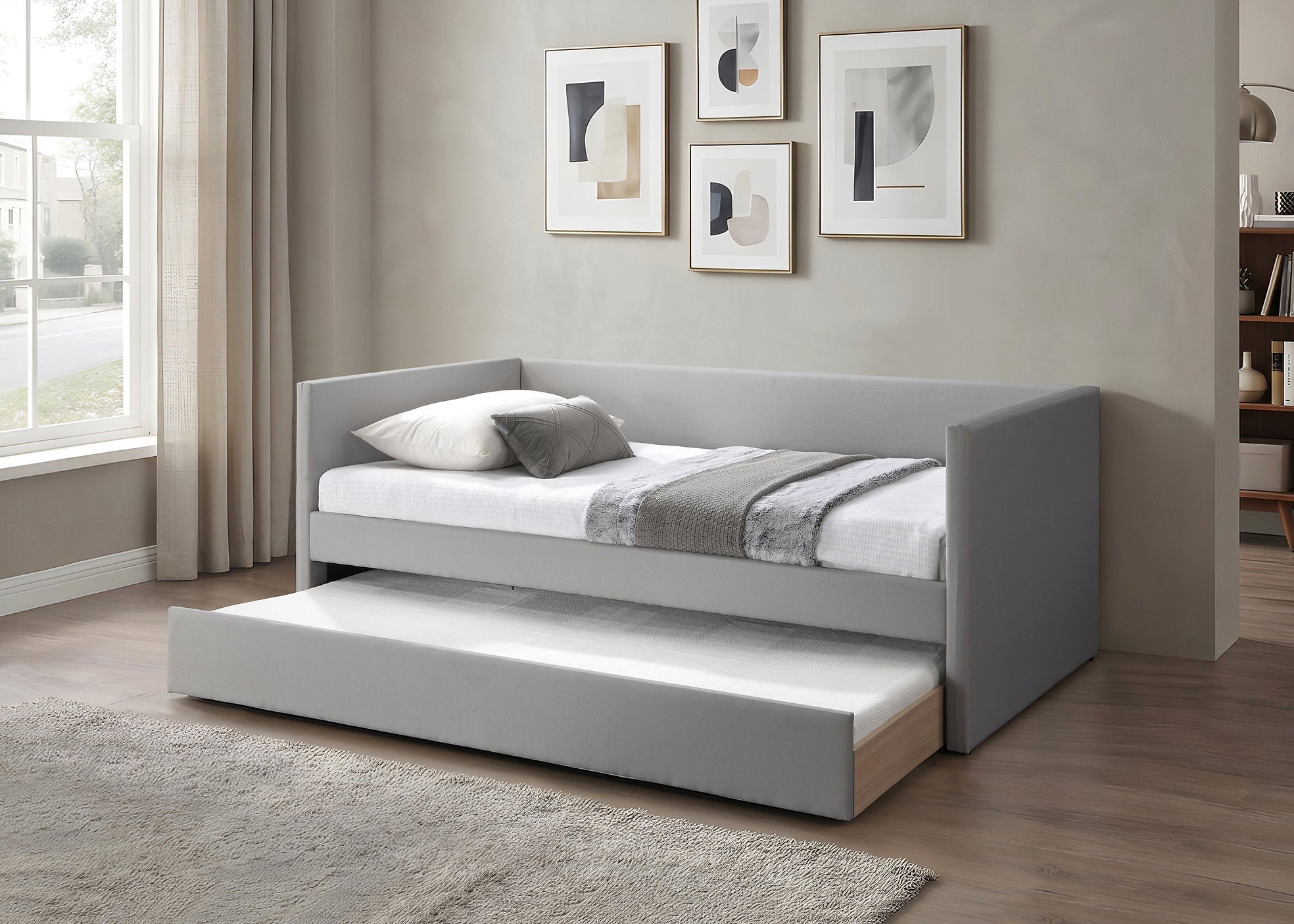 IF-306 Day Bed, Soft-Touch Grey Fabric,  Pull-Out Trundle, Optional Mattresses