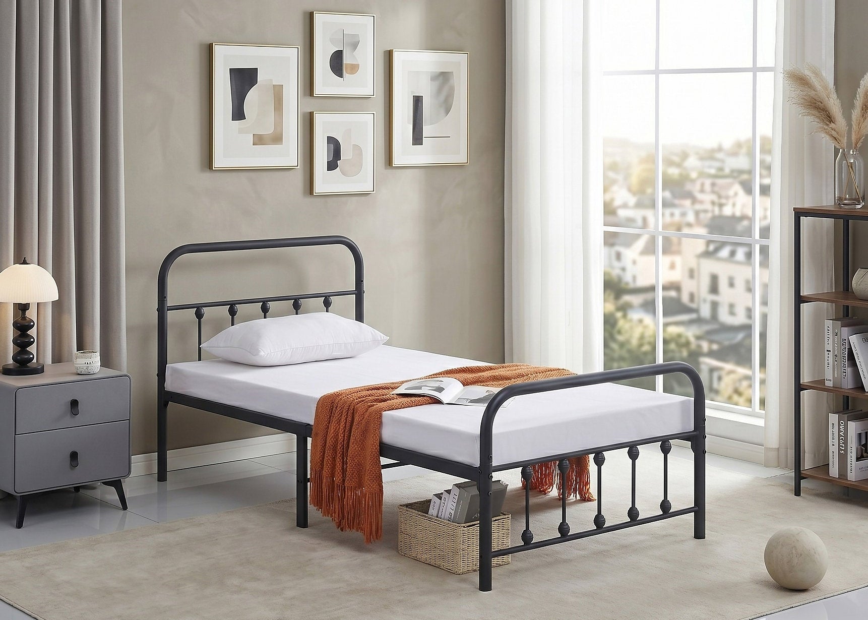 IF-5252 Bed, Black, Metal Frame, Under Bed Storage
