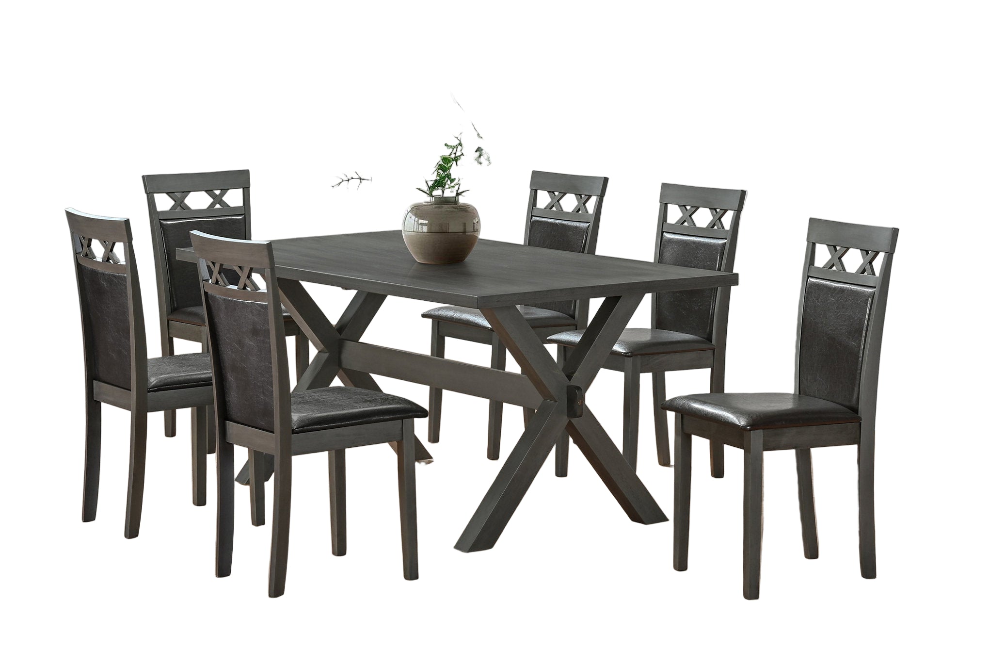 T-1095 | C-1097 Dining Set, 7 Pc, 67" Table + 6 Chairs, Antique Grey, Black Faux Leather Chairs