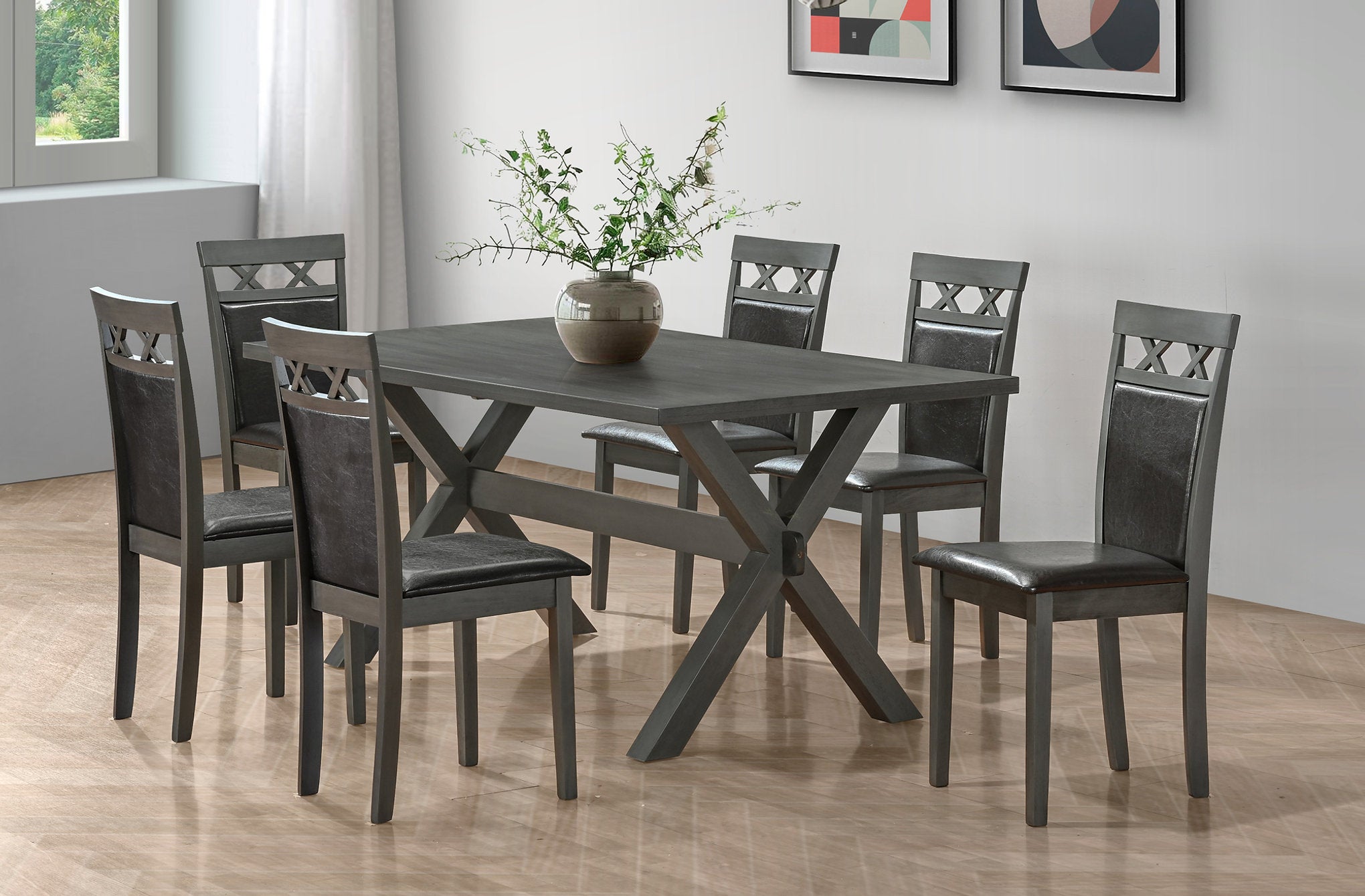 T-1095 | C-1097 Dining Set, 7 Pc, 67" Table + 6 Chairs, Antique Grey, Black Faux Leather Chairs
