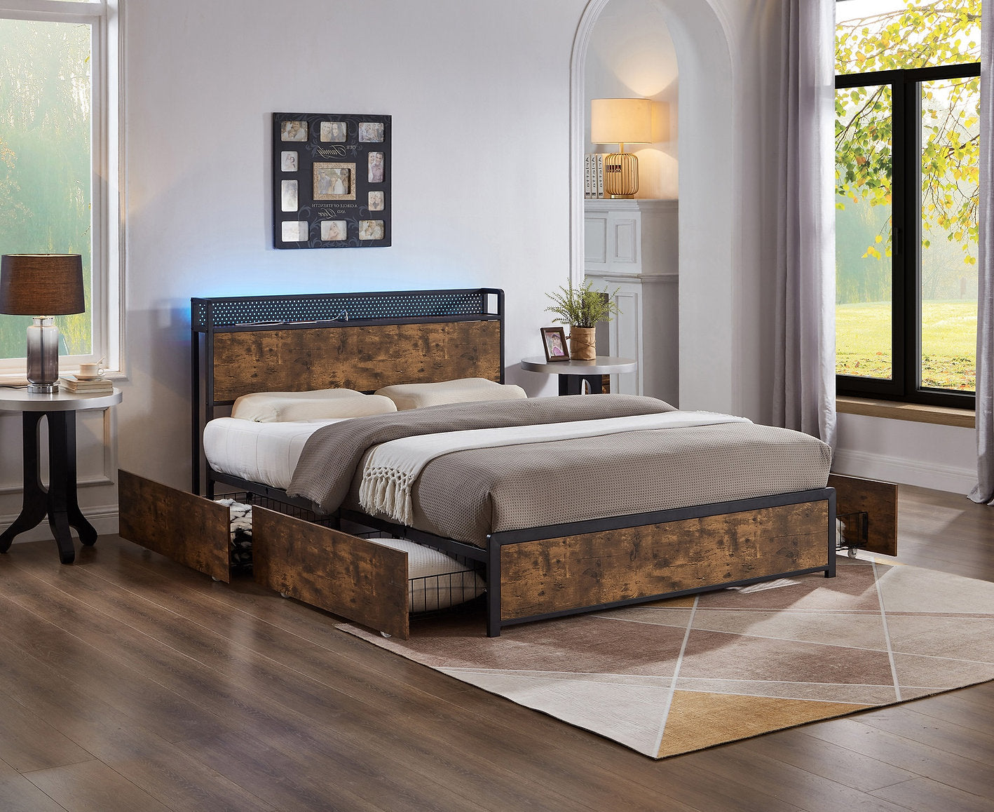 IF-5930 Bed, Wood Grain Panels and Metal Frame, LED Lights, USB Charging Ports