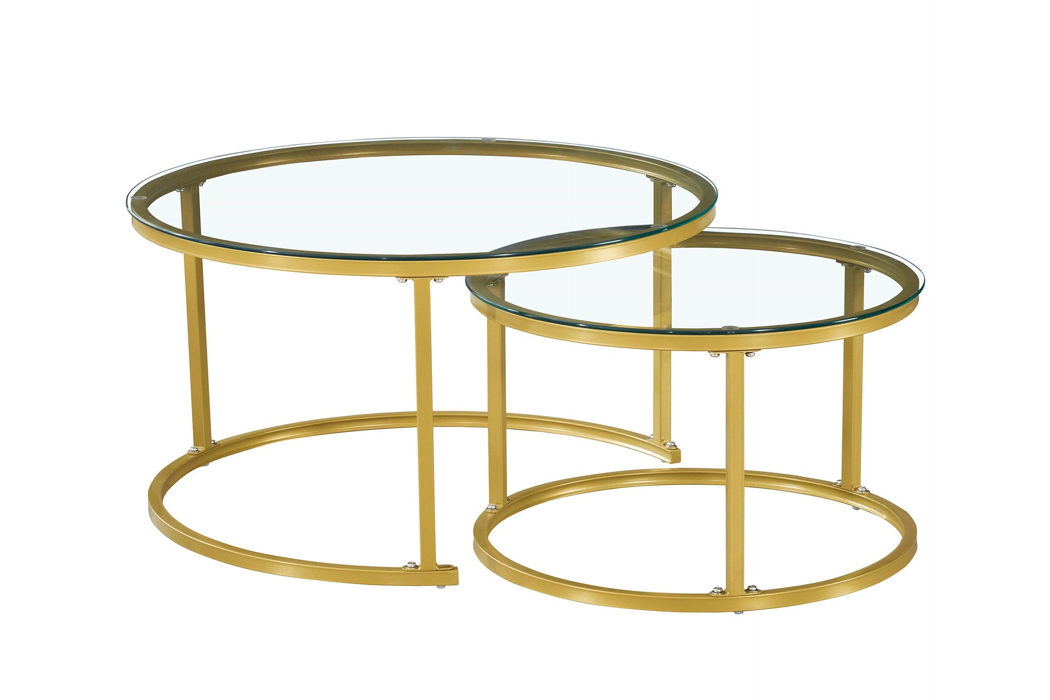 IF-2612 Coffee Tables, 2Pc Set, Nesting, 32" Round, 24" Round, Gold Steel Frames with Tempered Glass Tops
