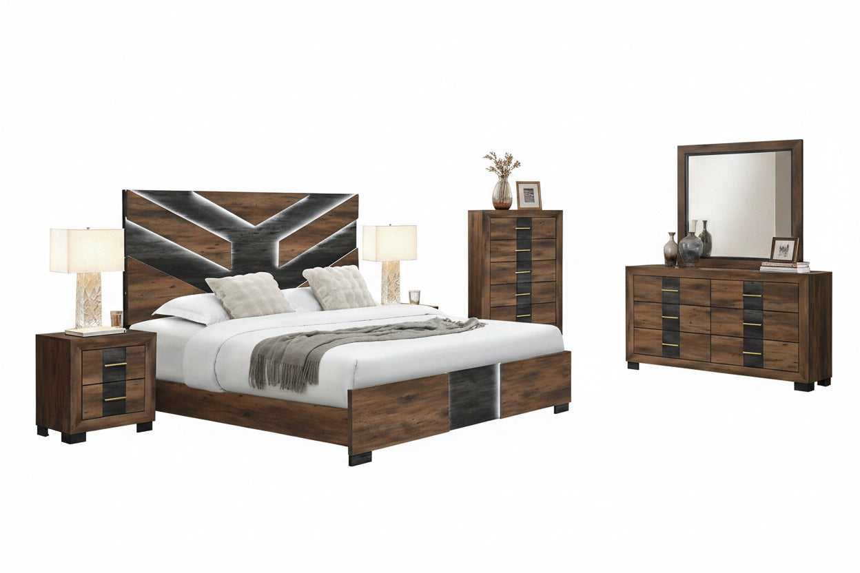 "OPTIMUS" Deluxe Bedroom Set, 6Pc, Dark Brown + Walnut, Chevron Style Headboard, LED Lighting