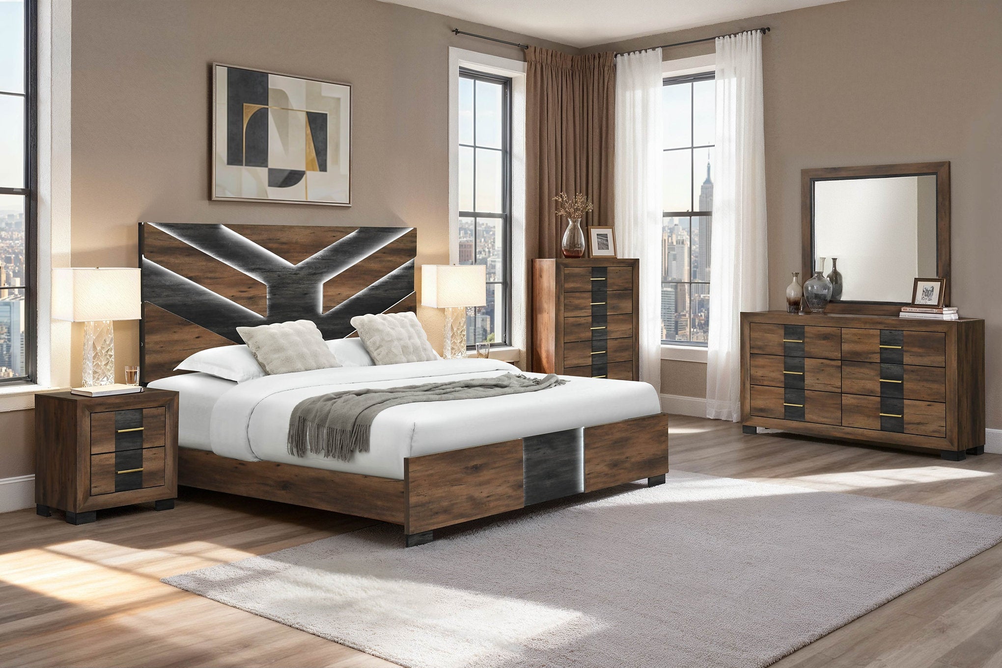 "OPTIMUS" Bed, Dark Brown + Walnut, Chevron Style Headboard, LED Lighting