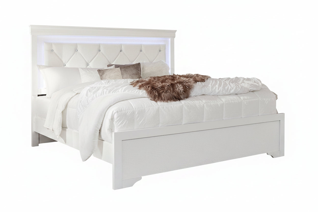 "POMPEI WHITE" Bed, Crocodile Veneer, LED Touch Lights on Headboard, Jewel Tufting