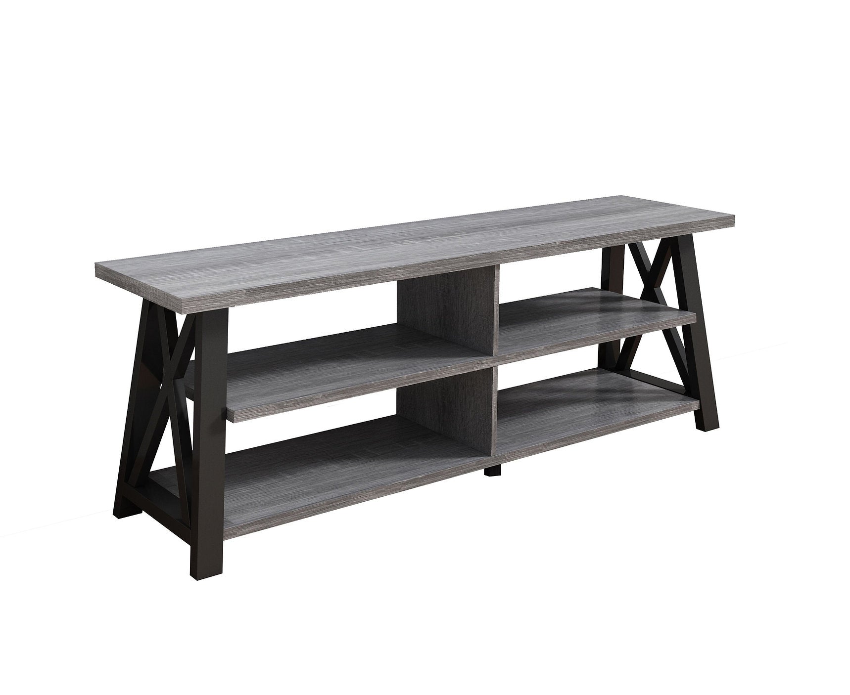 IF-5010 T.V Stand, 71" Wide, Black and Distressed Grey Finish, X-Frame Side Panels