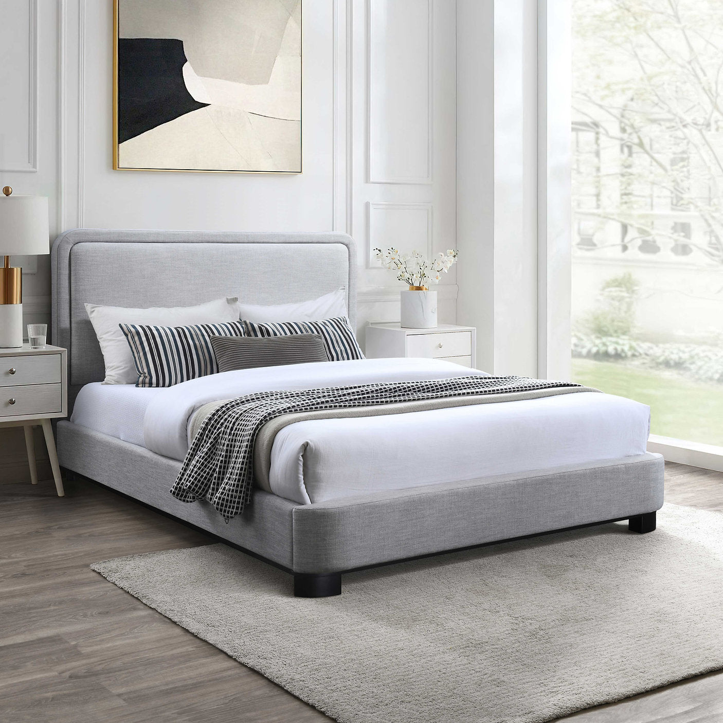 IF-5911 Bed, Natural Wood Frame, Soft Light Grey Fabric