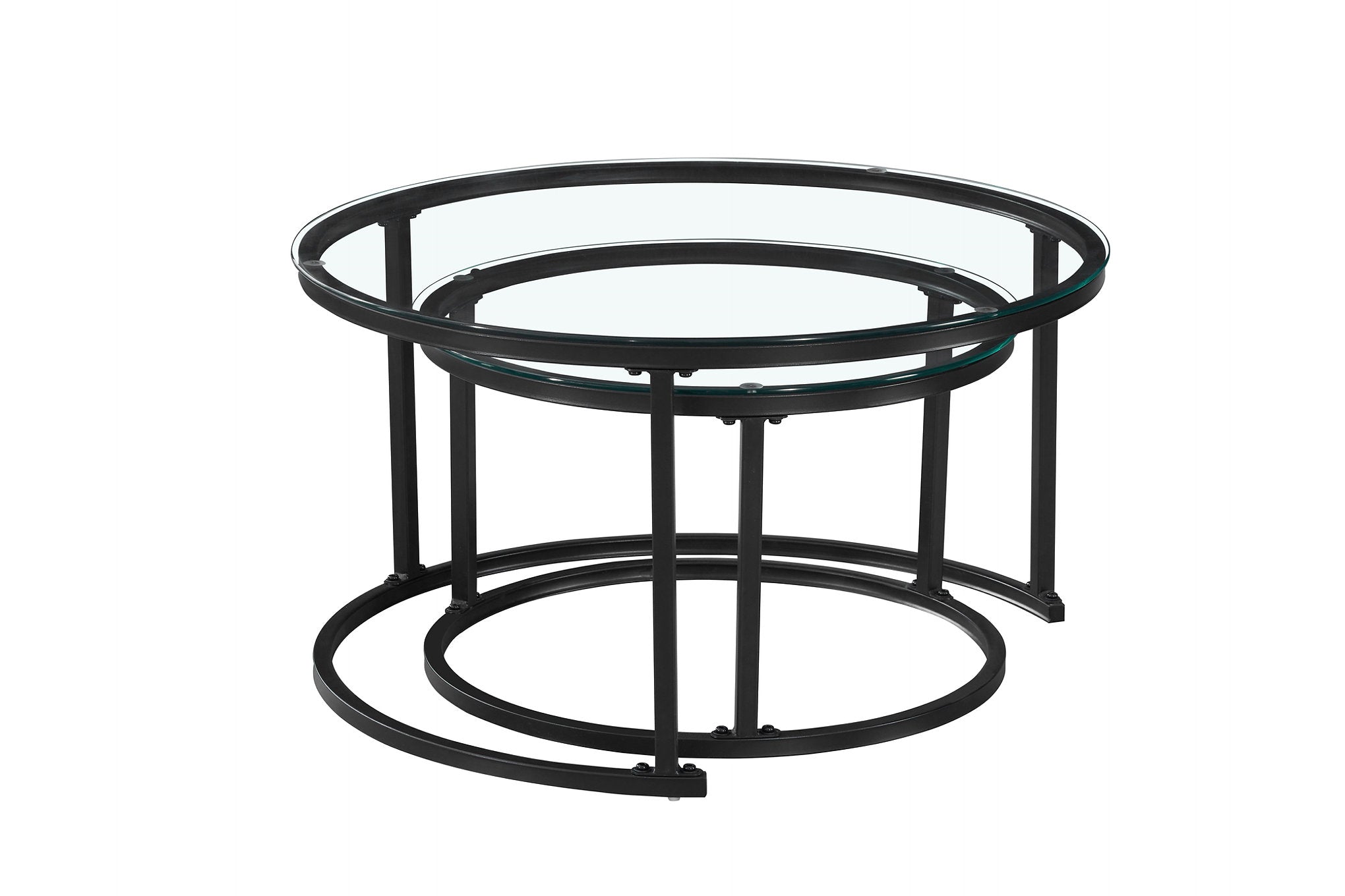 IF-2611 Coffee Tables, 2Pc Set, Nesting, 32" Round, 24" Round, Matte Black Steel Frames with Tempered Glass Tops