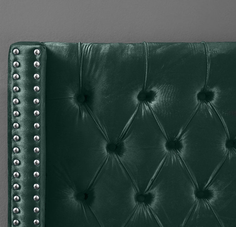 IF-5894 Bed, Green, Velvet, Wing Style Pattern Headboard