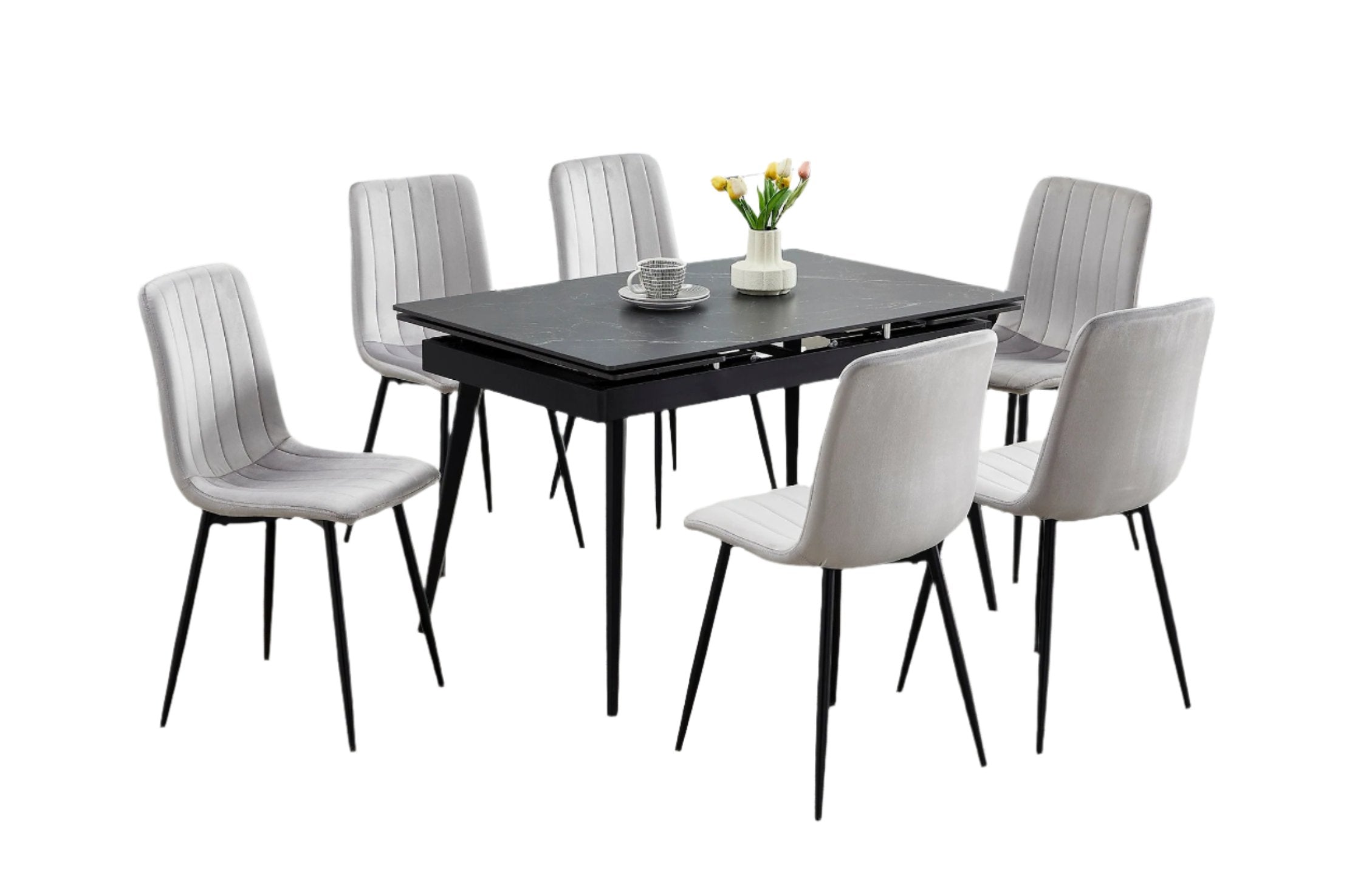 T-1472 | C-1473 Dining Set, 7Pc, 48"-71" Extension Table, Sintered Stone Black Mable, Light Grey Velvet Chairs