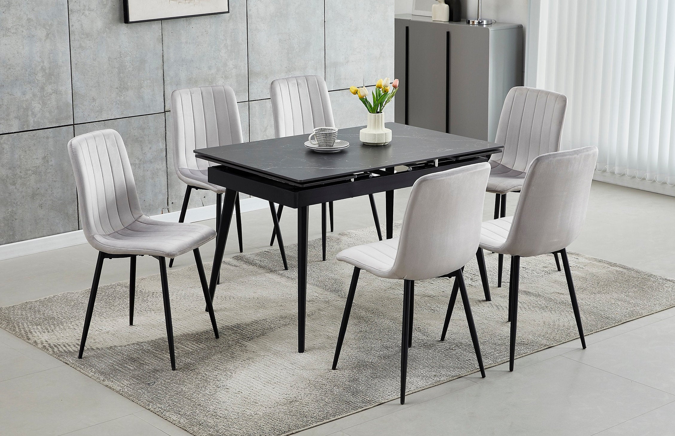 T-1472 | C-1473 Dining Set, 7Pc, 48"-71" Extension Table, Sintered Stone Black Mable, Light Grey Velvet Chairs