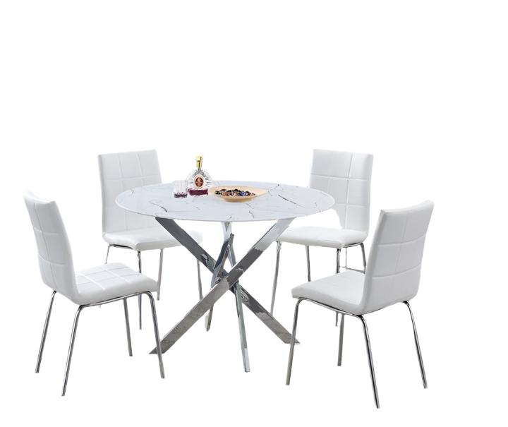 T-1445 | C-1761 Dining Set, 5Pc, 44" Dia Round White Marble Glass Top, White Chairs