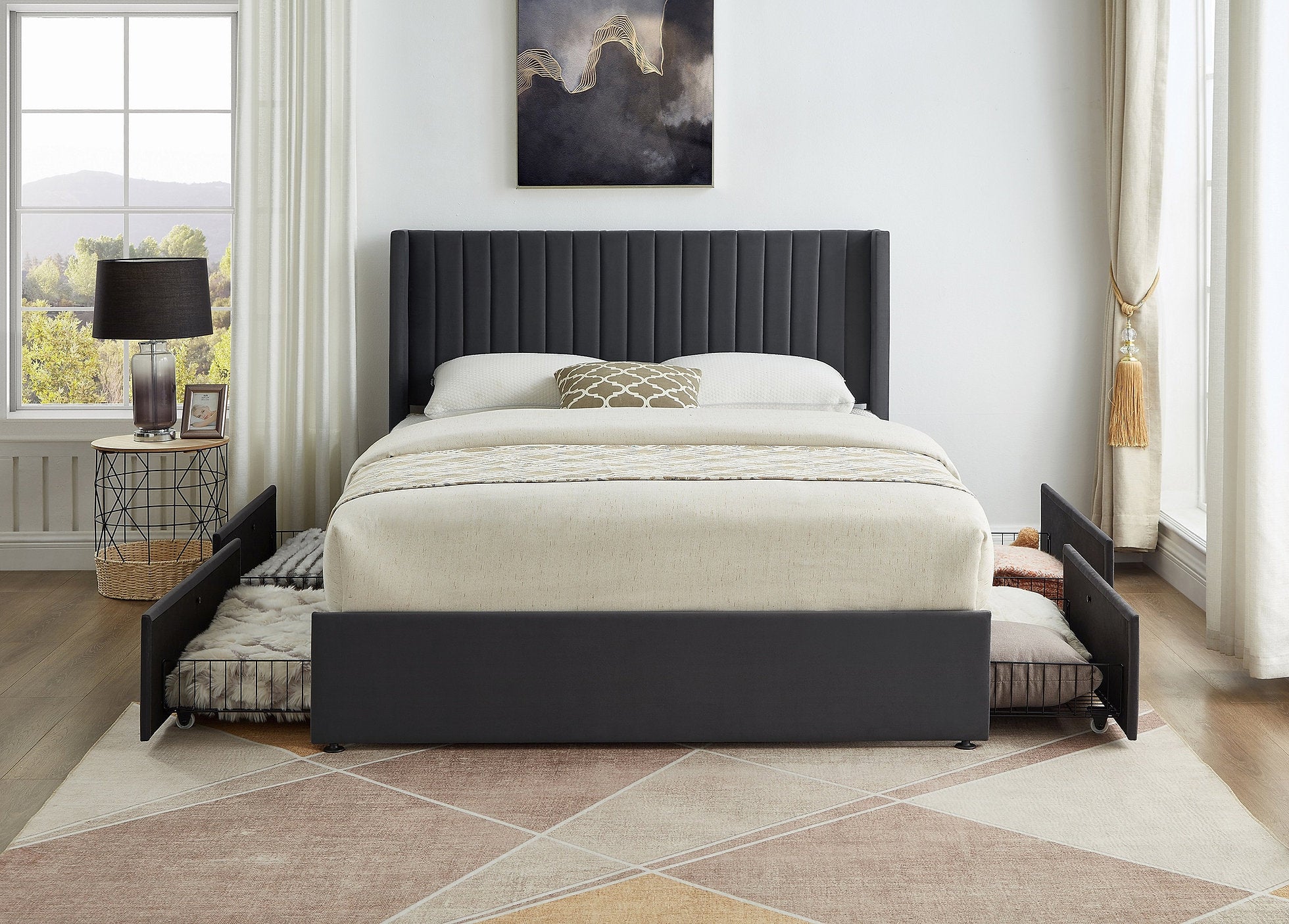 IF-5408 Bed, Grey, Velvet Fabric, 4 Large Pull-Out Wire Mesh Storage Drawers