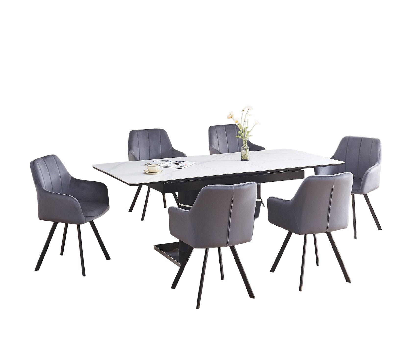 T-1410 | C-1412 Dining Set, 7Pc, Extension Table, 63"-79", Sintered Stone Top, White Marble, Dark Grey Swivel Chairs