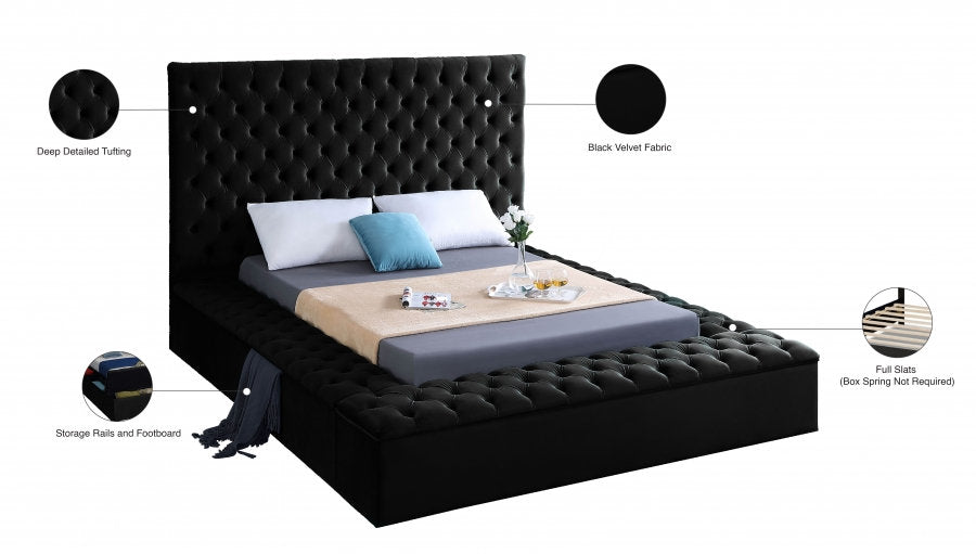 IF-5793 Bed, Black, Velvet Fabric, 3 Storage Benches