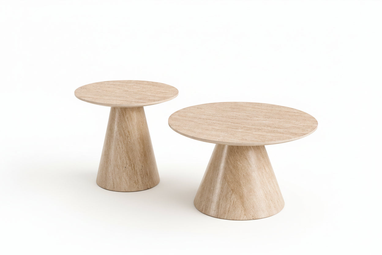 IF-2202 Coffee Table Set, 2Pc, Light Travertine Stone Top, 28" Round, 20" Round