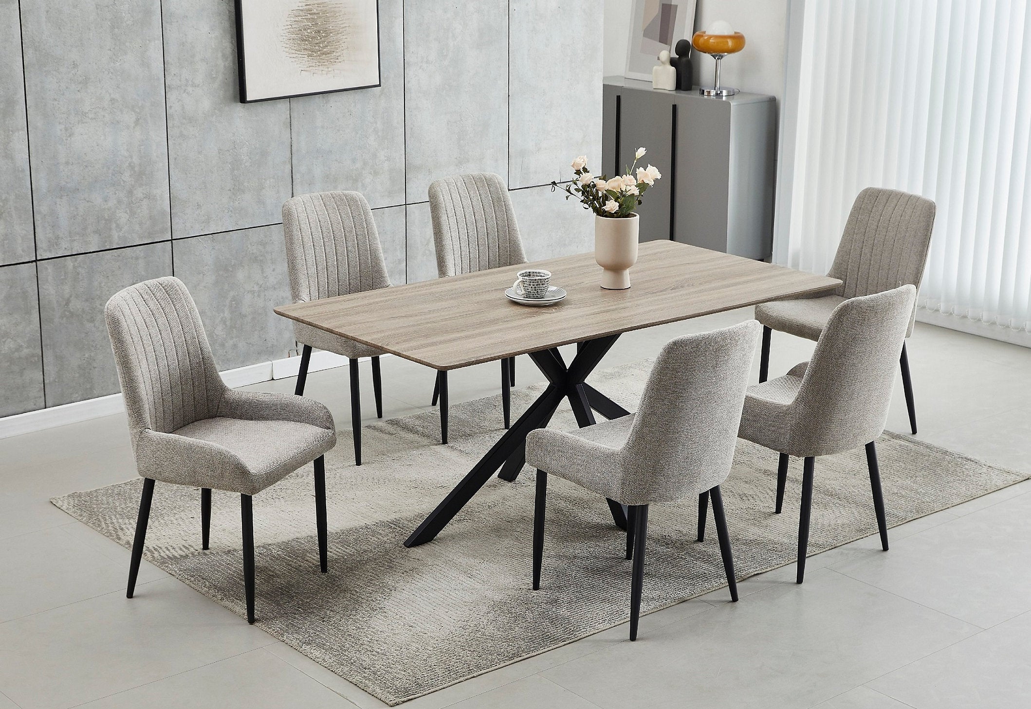 T-1510 | C-1512 Dining Set, 7Pc, 71" Table, Brown Top,  Grey Fabric Chairs