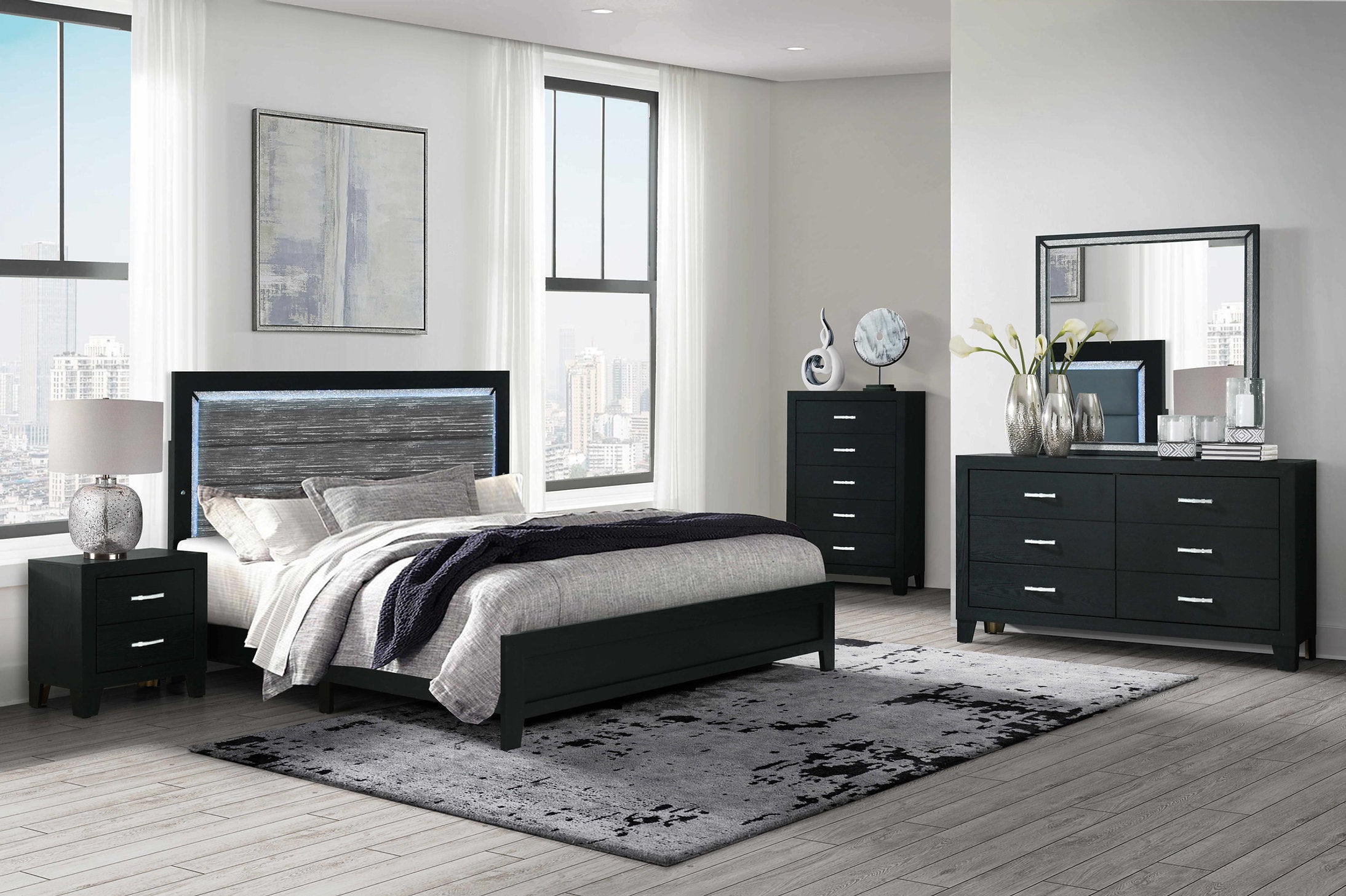 "REID" Deluxe Bedroom Set, Black, LED Accent , Mirrored Accents, Crushed Crystal Accents