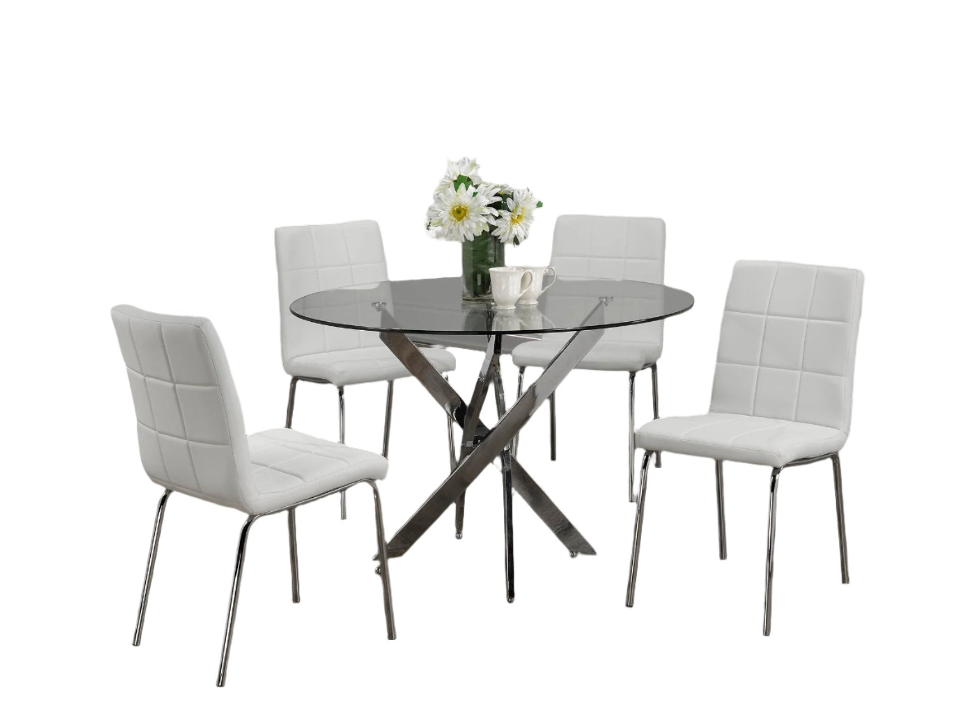 T-1447 | C-1761 - 5Pc Dining Set, 44" Round Glass Table Top with 4 White Chairs