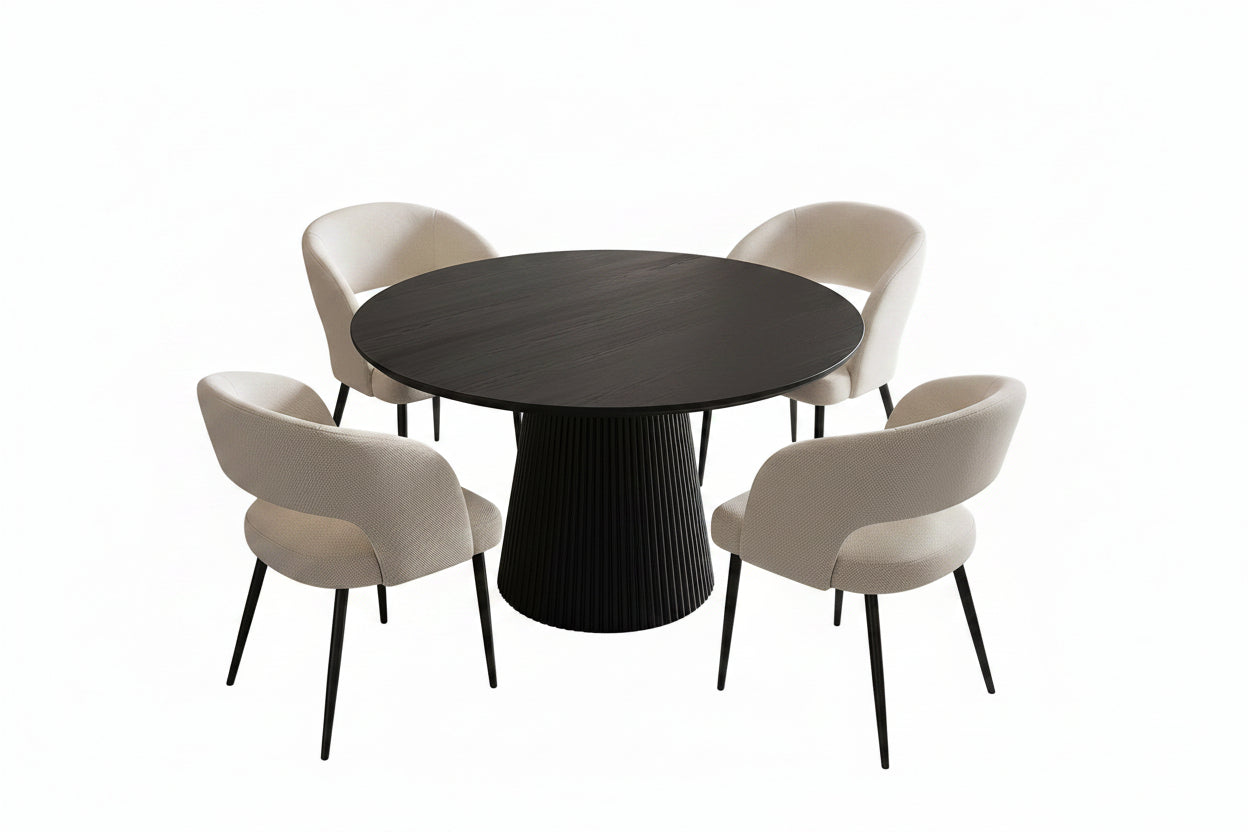 T-1642 | C-1644 Dining Set, 5Pc, Beige Chairs, 48" Black Round Table, Fluted Base