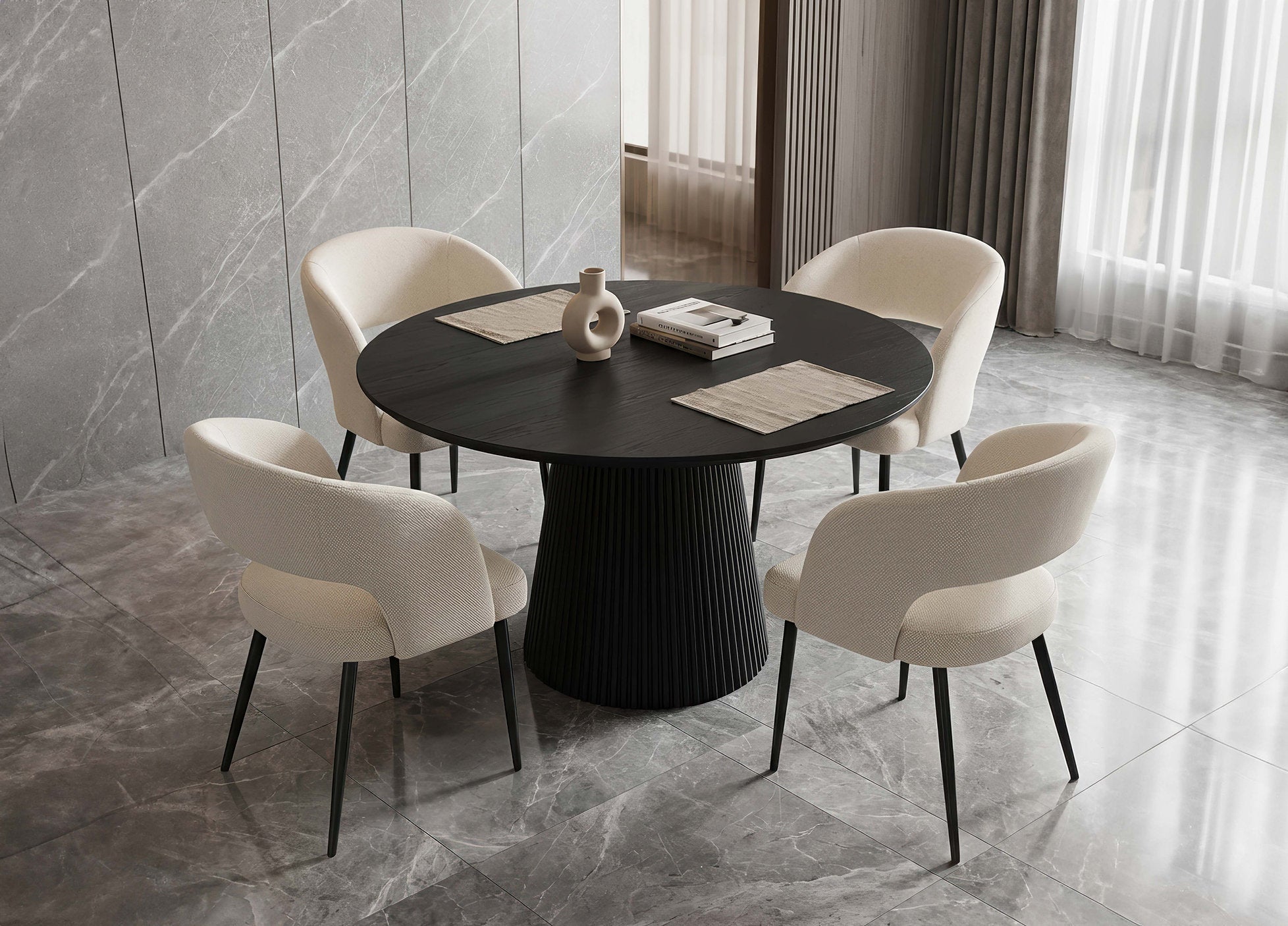 T-1642 | C-1644 Dining Set, 5Pc, Beige Chairs, 48" Black Round Table, Fluted Base