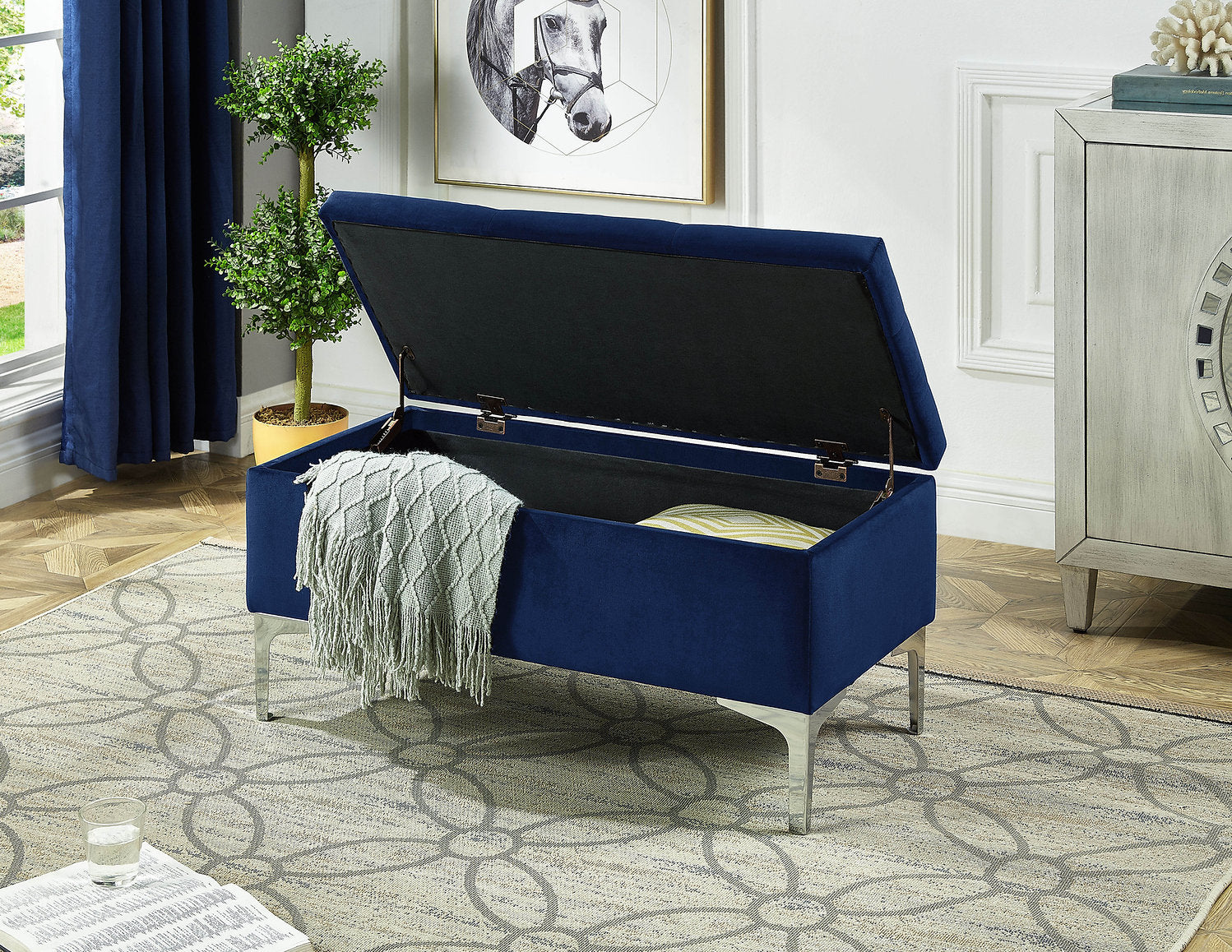 IF-6257 Storage Bench, 36" Wide, Blue, Velvet, Chrome Legs