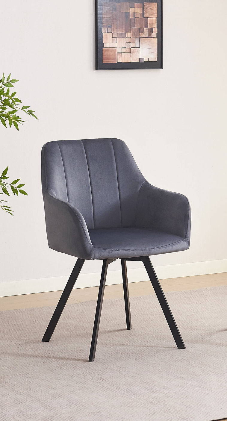 C-1412 Dining Chair, Dark Grey, Velvet, 360 Degree Swivel, Vertical Stitching on Back,  Set of 2
