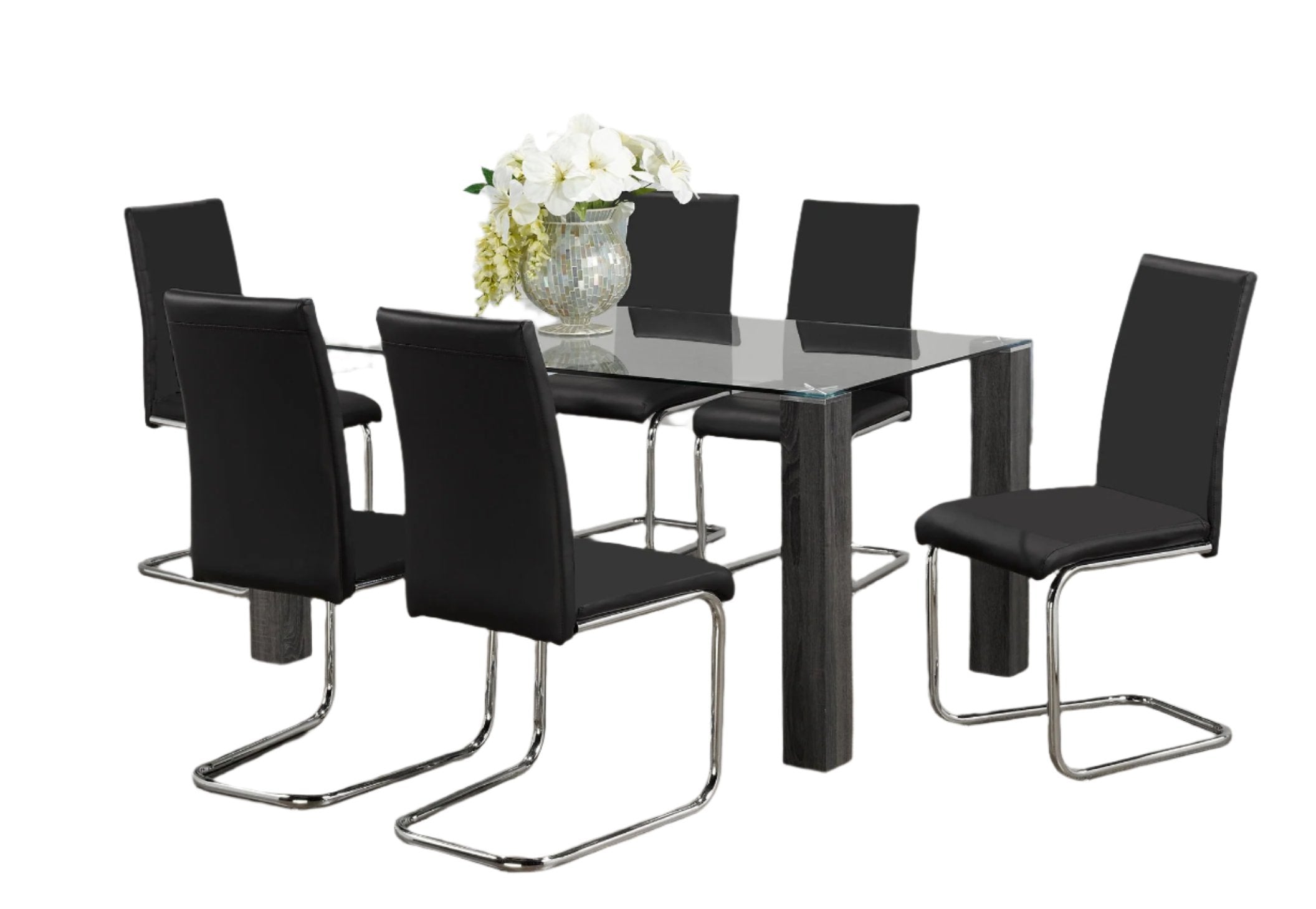 T-1449 | C-1871 - 5Pc or 7Pc Dining Set, 59" Glass Table with Black Chairs