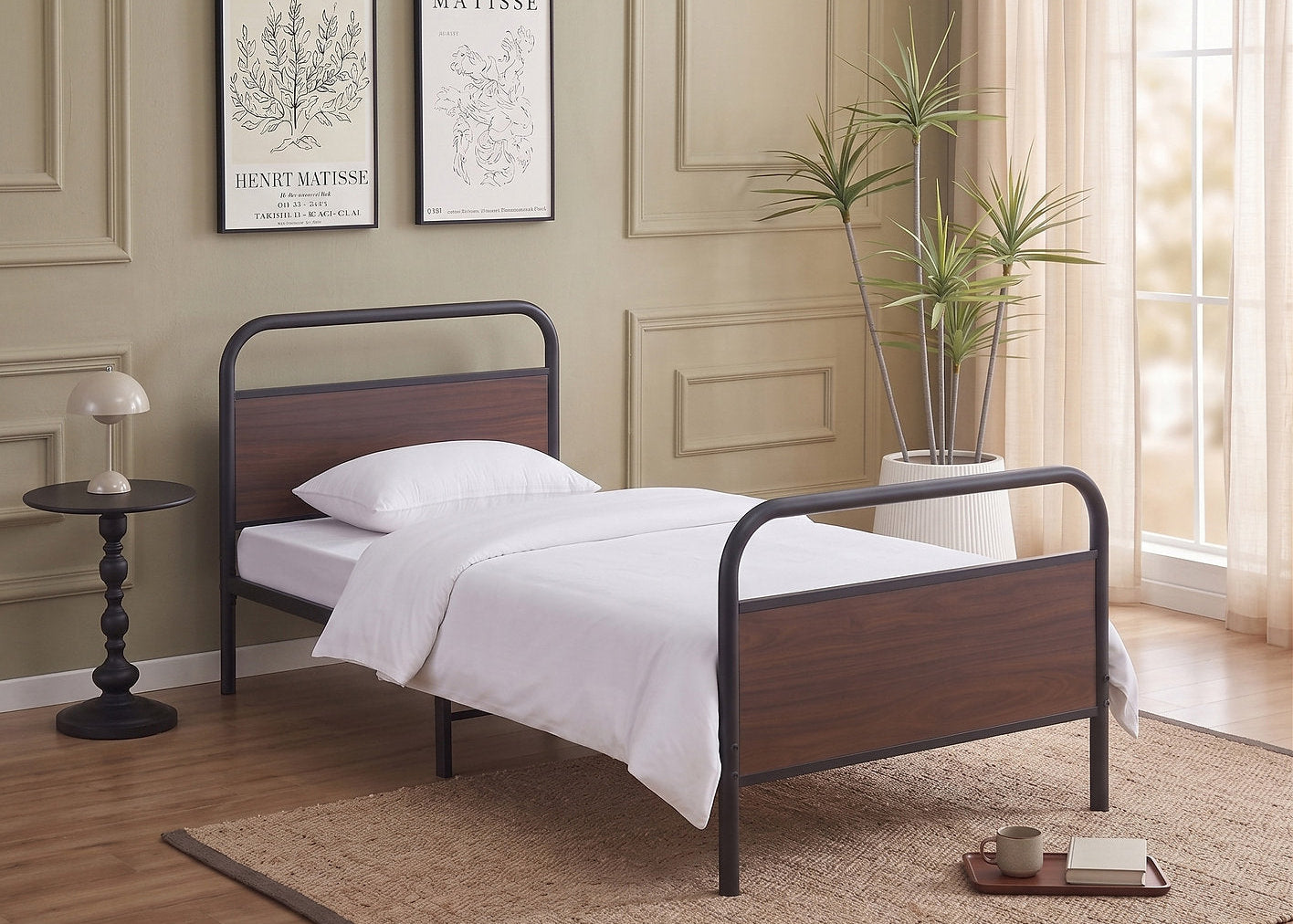 IF-5255 Bed, Black, Metal Frame, Brown Wood Panel Accents