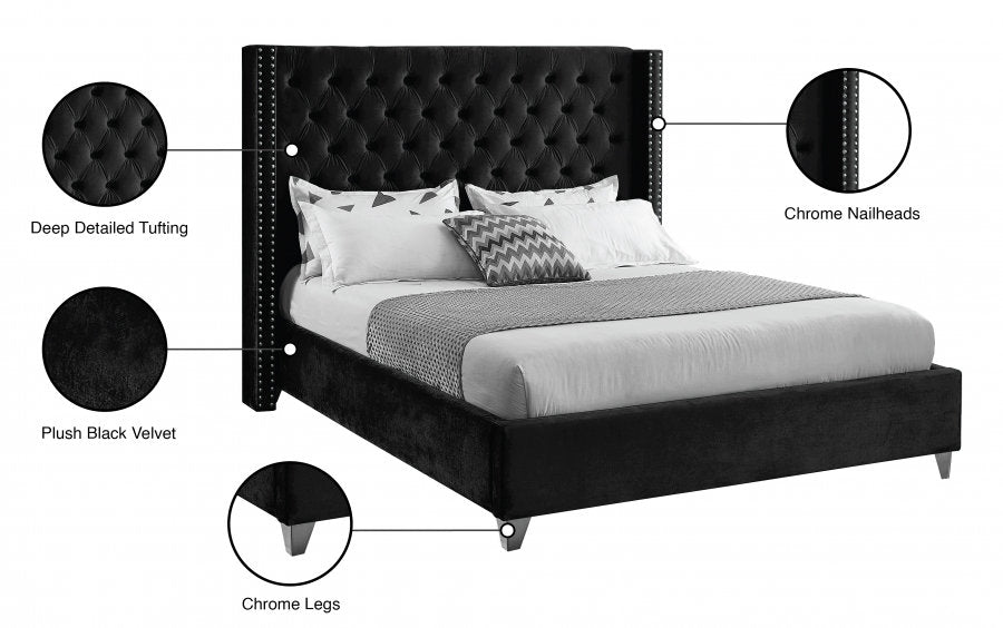 IF-5893 Bed, Black, Velvet Fabric, Tufted Headboard