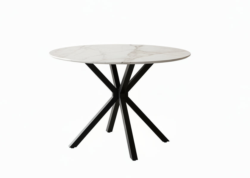 T-1650 Dining Table, 40" Round, Chanel Stone Top, Black Geometric Steel Pedestal Base