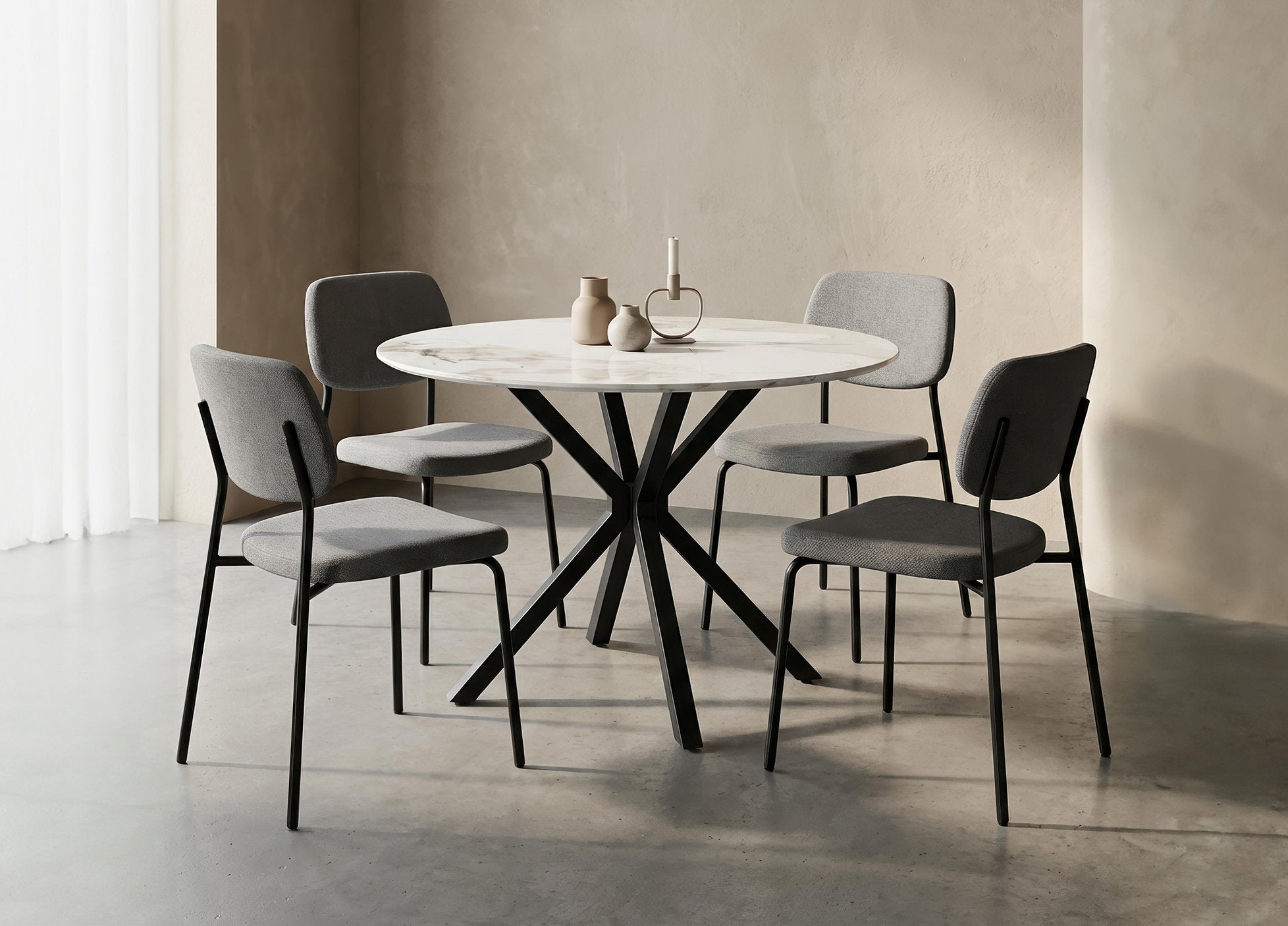 T-1650 Dining Table, 40" Round, Chanel Stone Top, Black Geometric Steel Pedestal Base