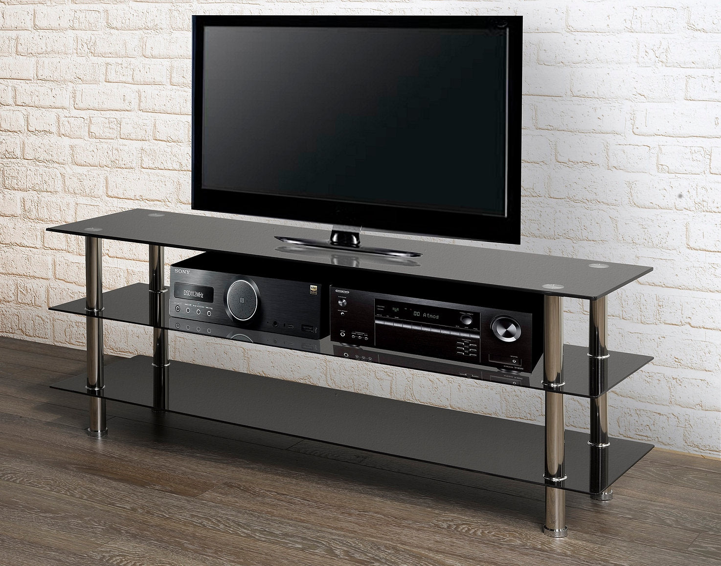 IF-5000 TV Stand, 51" Wide, 3 Black Glass, Chrome Legs