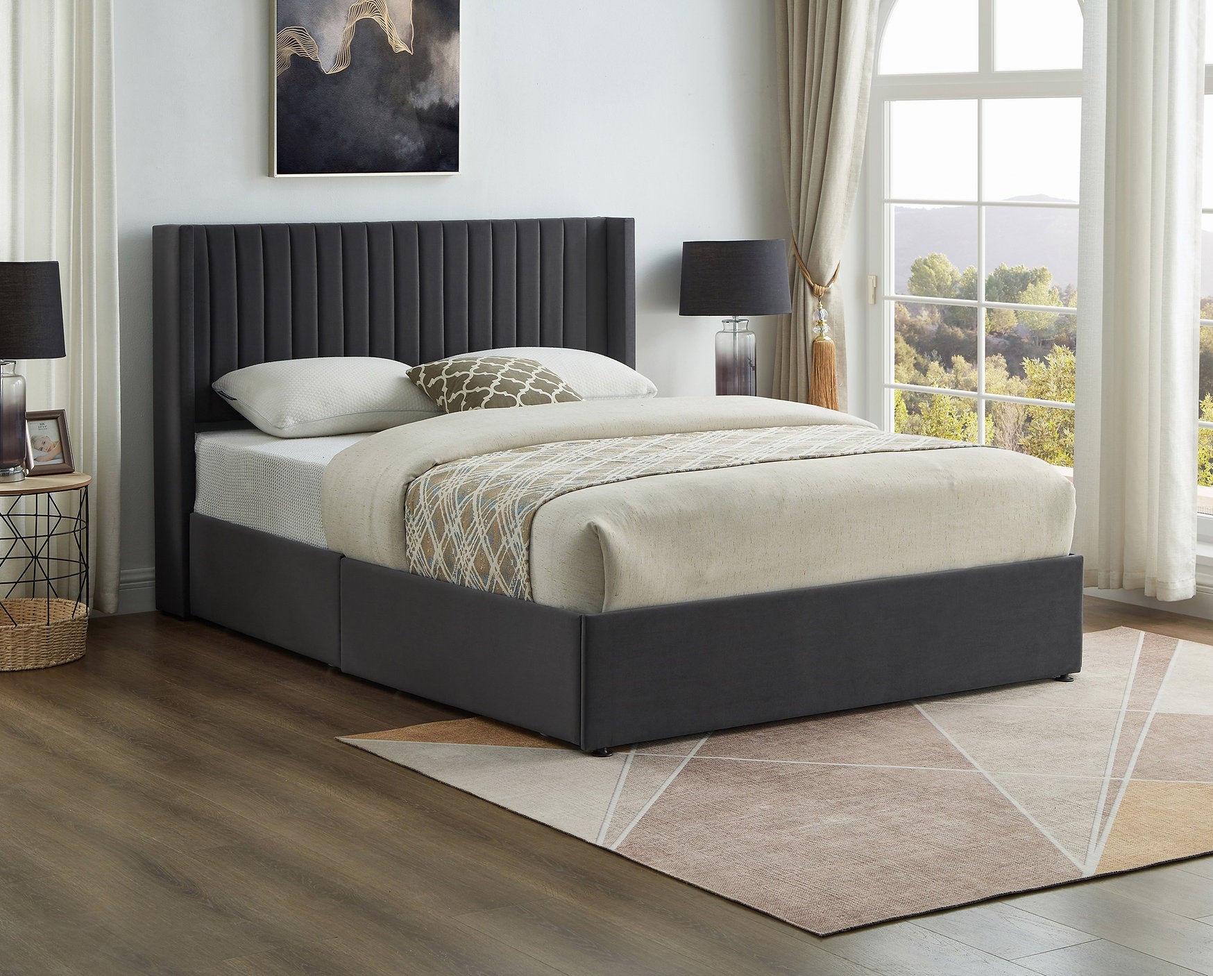 IF-5408 Bed, Grey, Velvet Fabric, 4 Large Pull-Out Wire Mesh Storage Drawers