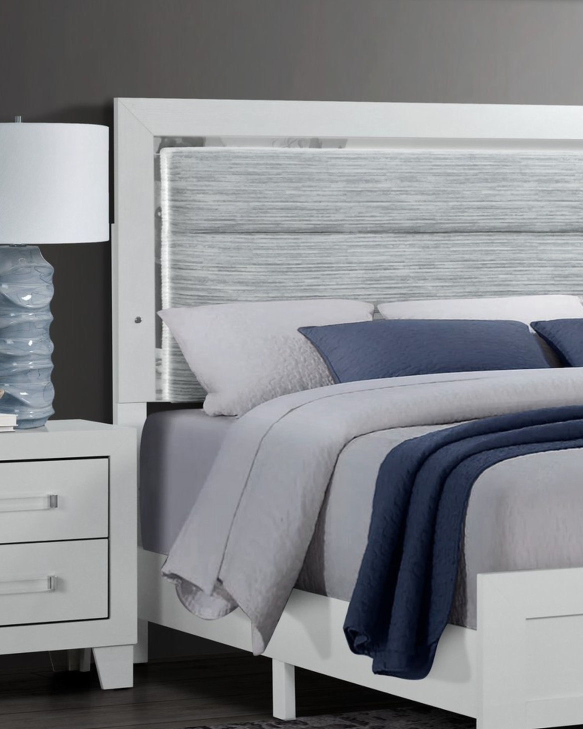 "LUCIA" Deluxe Bedroom Set, White, Upholstered Headboard, LED Accent Lighting