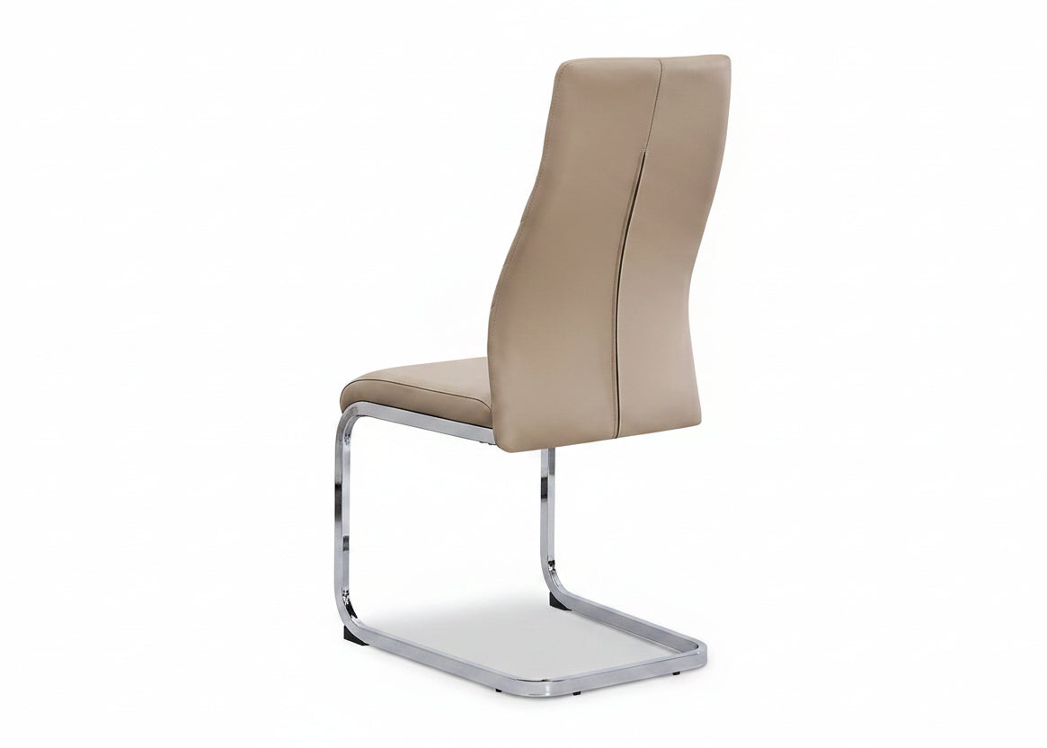 C-1577 Dining Chair, Champagne Faux Leather, Elegant Diamond Stitching, C-Shape Chrome Frame, Set of 2 Chairs