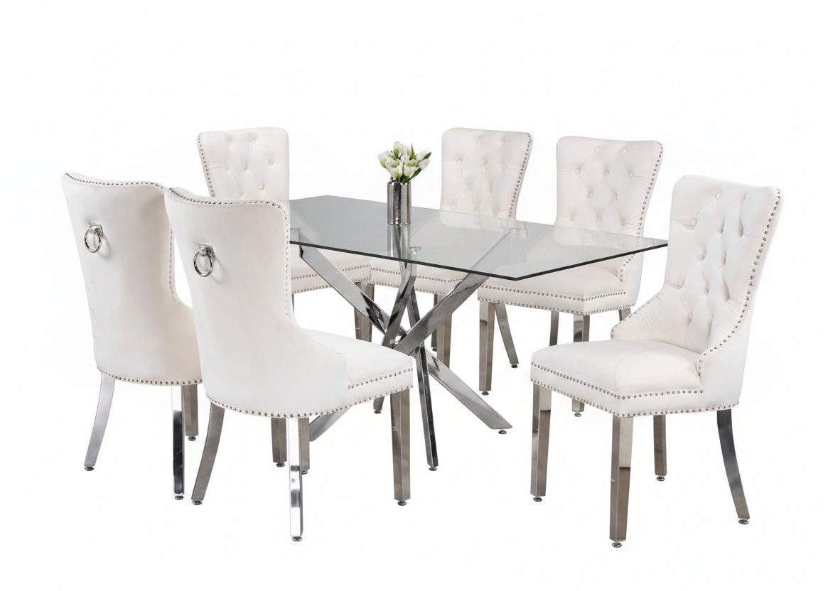 T-1448 | C-1263 Dining Set, 7 Pc, 63" Table + 6 White Tufted Velvet Chairs, Chrome Steel Table Legs, Glass Top