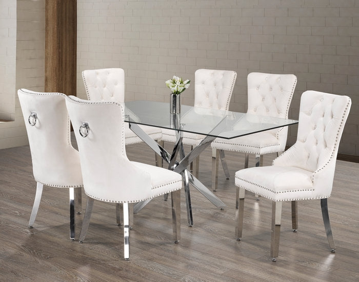 T-1448 | C-1263 Dining Set, 7 Pc, 63" Table + 6 White Tufted Velvet Chairs, Chrome Steel Table Legs, Glass Top