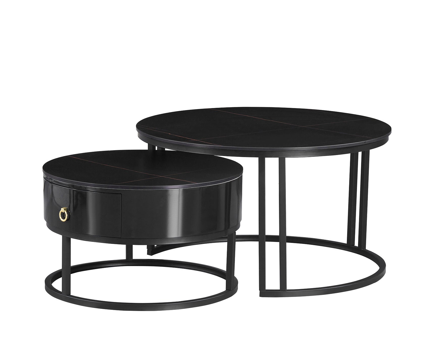 IF-2667 Coffee Table Set, 2Pc, Nested, Marquina Midnight Black Stone Top, Black Steel Base