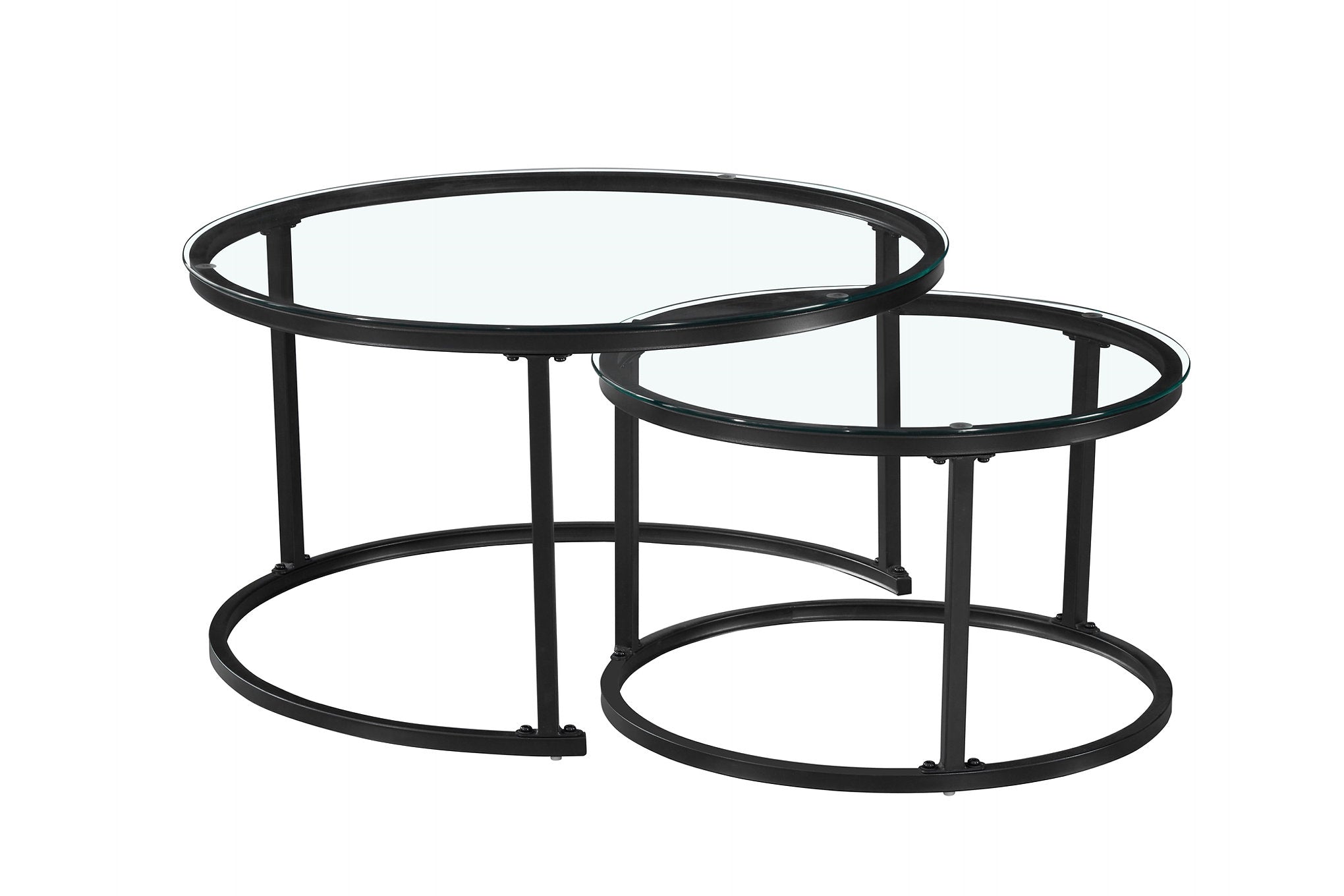 IF-2611 Coffee Tables, 2Pc Set, Nesting, 32" Round, 24" Round, Matte Black Steel Frames with Tempered Glass Tops