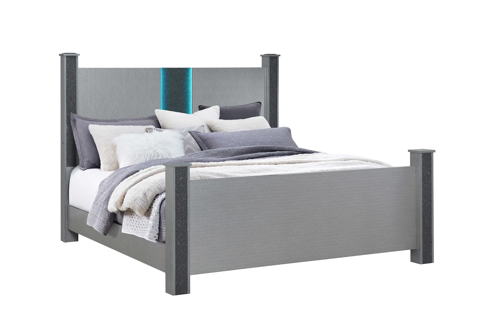 "LOGAN SILVER" Deluxe Bedroom Set, 6Pc, Sleek Silver, Dazzling Crushed Crystal Accents