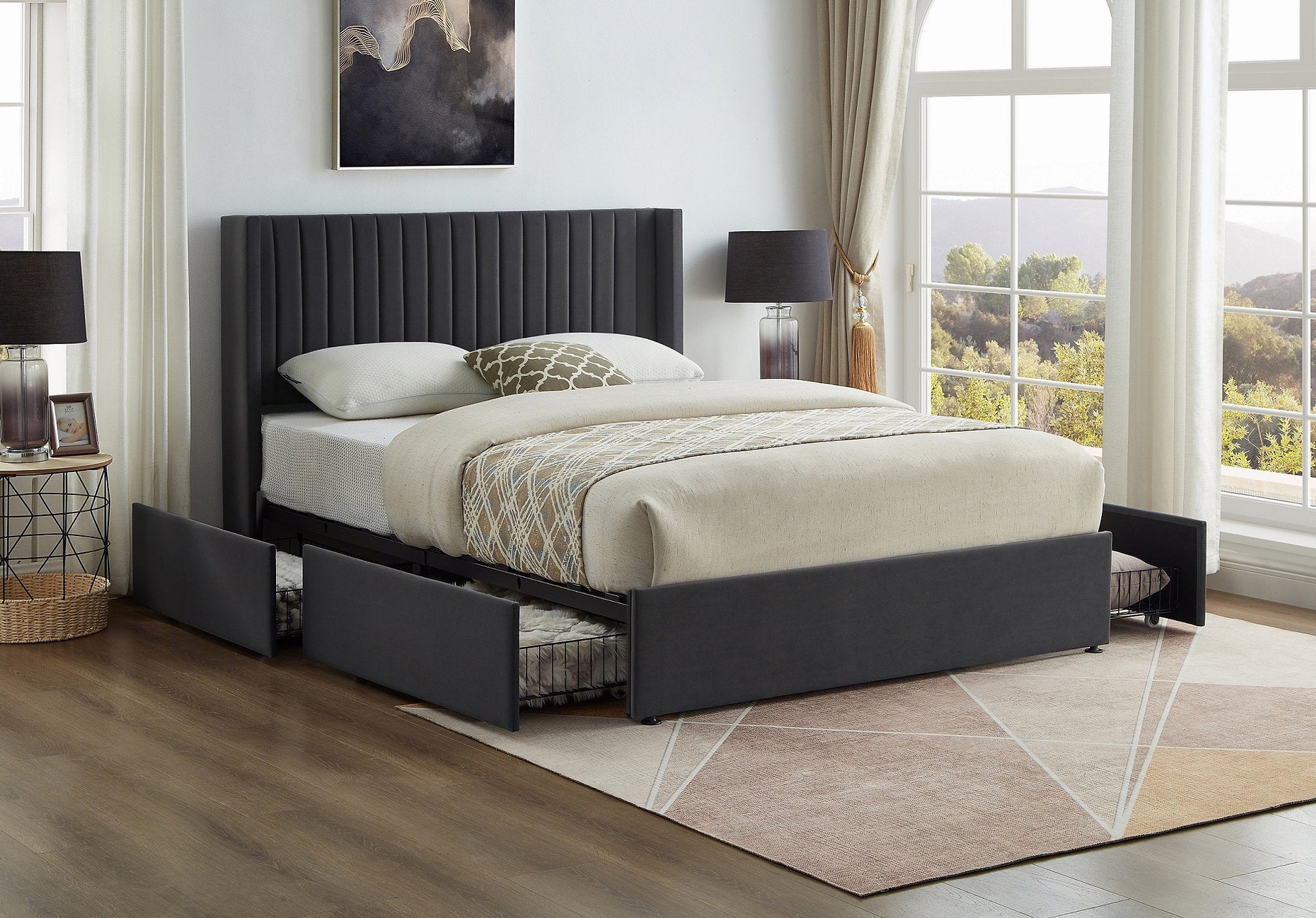 IF-5408 Bed, Grey, Velvet Fabric, 4 Large Pull-Out Wire Mesh Storage Drawers