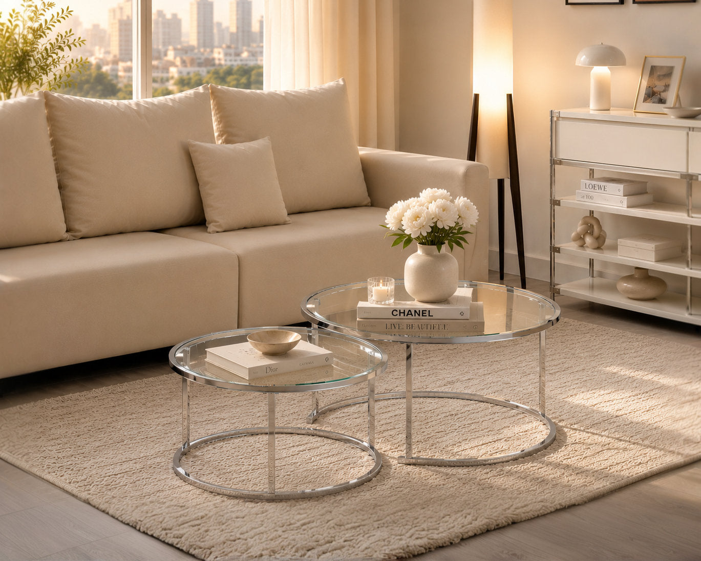 IF-2610 Coffee Tables, 2Pc Set, Nesting, 32" Round, 24" Round, Chrome Steel Frames