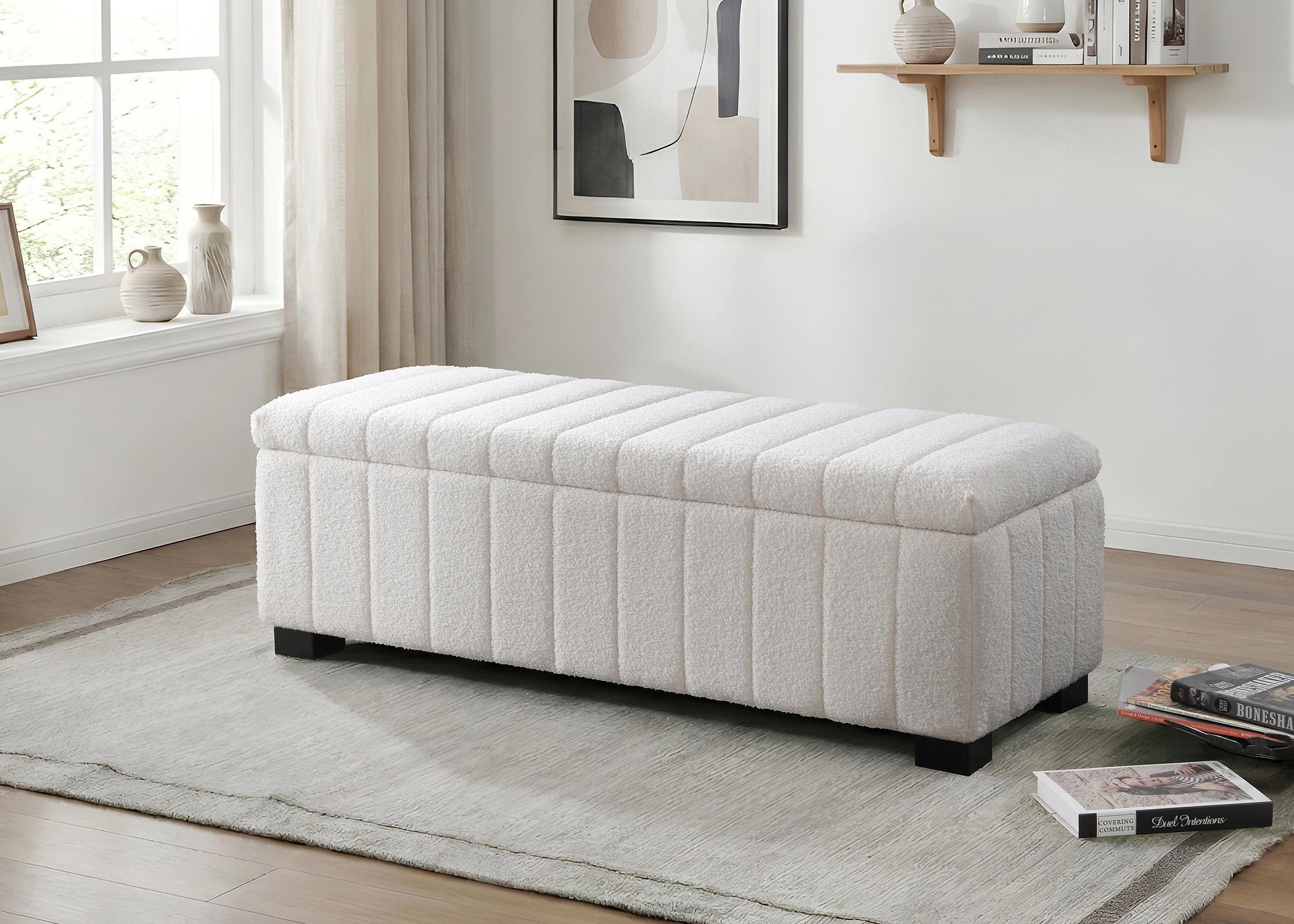 IF-6260 Bench, White, Teddy Bear Fabric, 46" Wide, Enclosed Storage